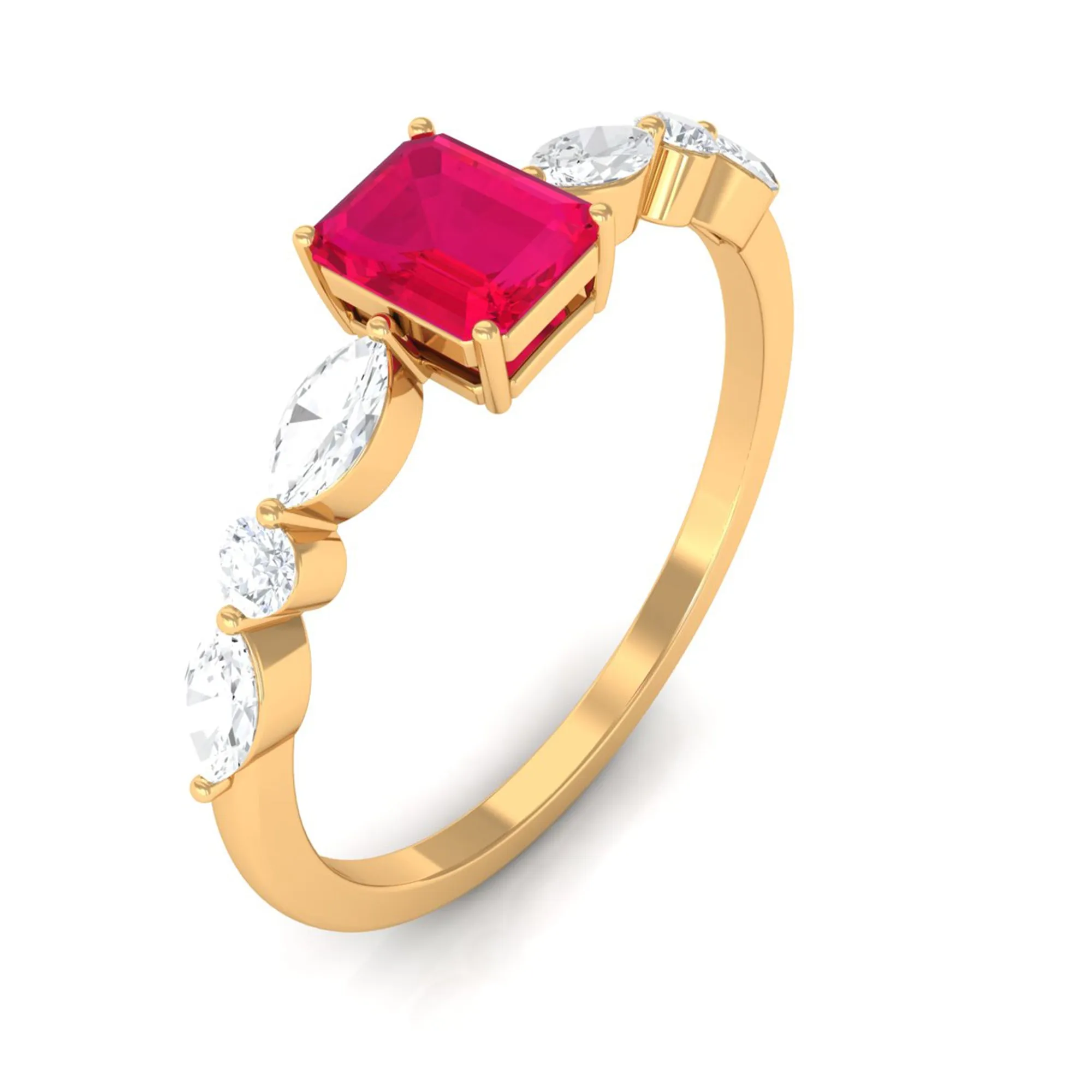 1 CT Octagon Ruby Solitaire Ring with Diamond Side Stones