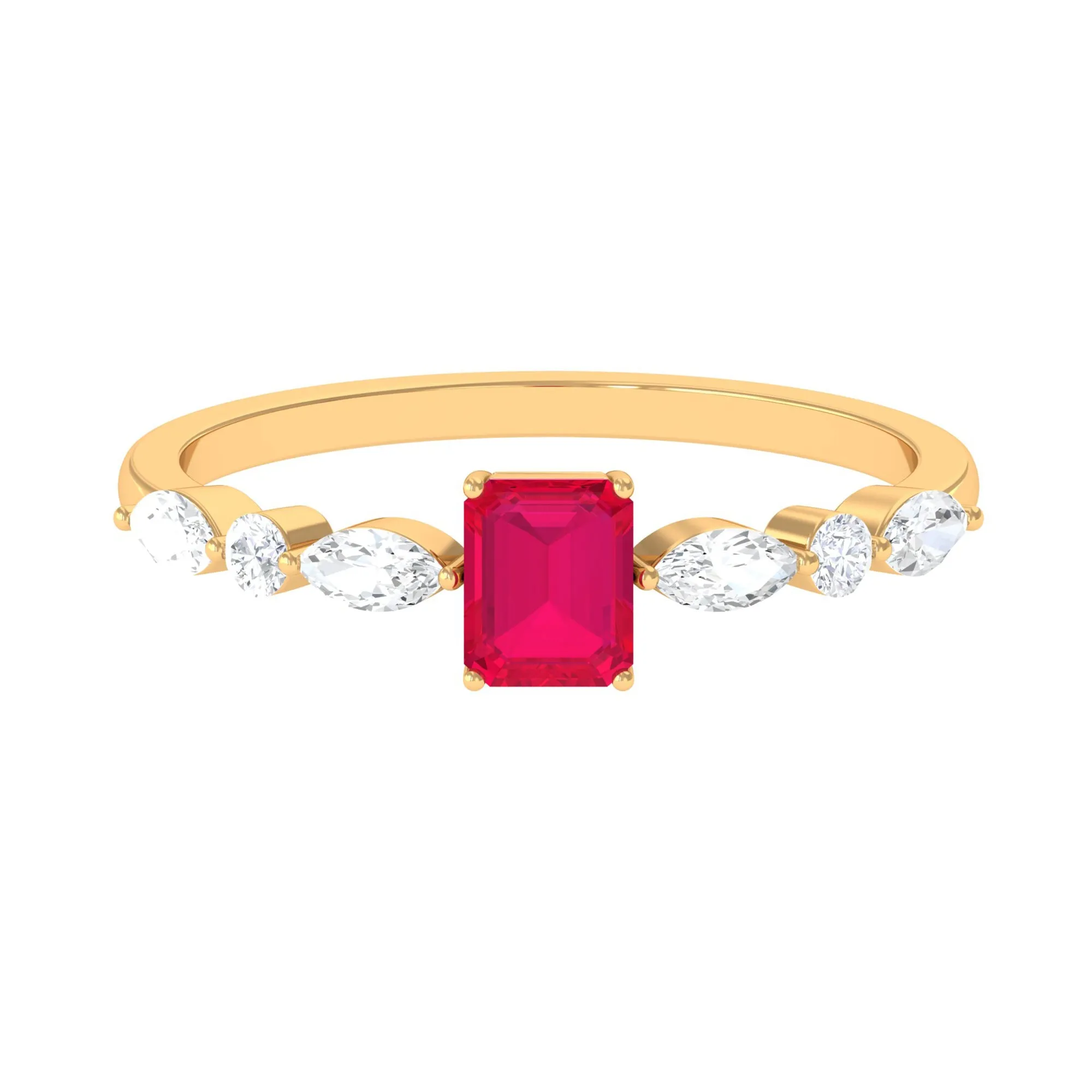1 CT Octagon Ruby Solitaire Ring with Diamond Side Stones