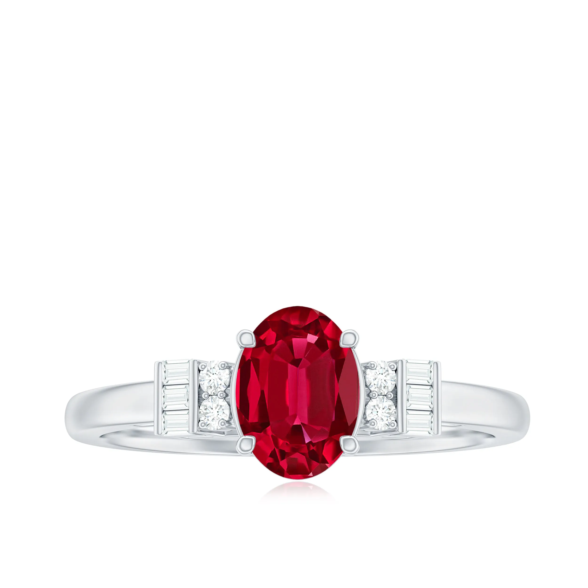 1.25 CT Oval Created Ruby Solitaire Ring with Diamond Accent