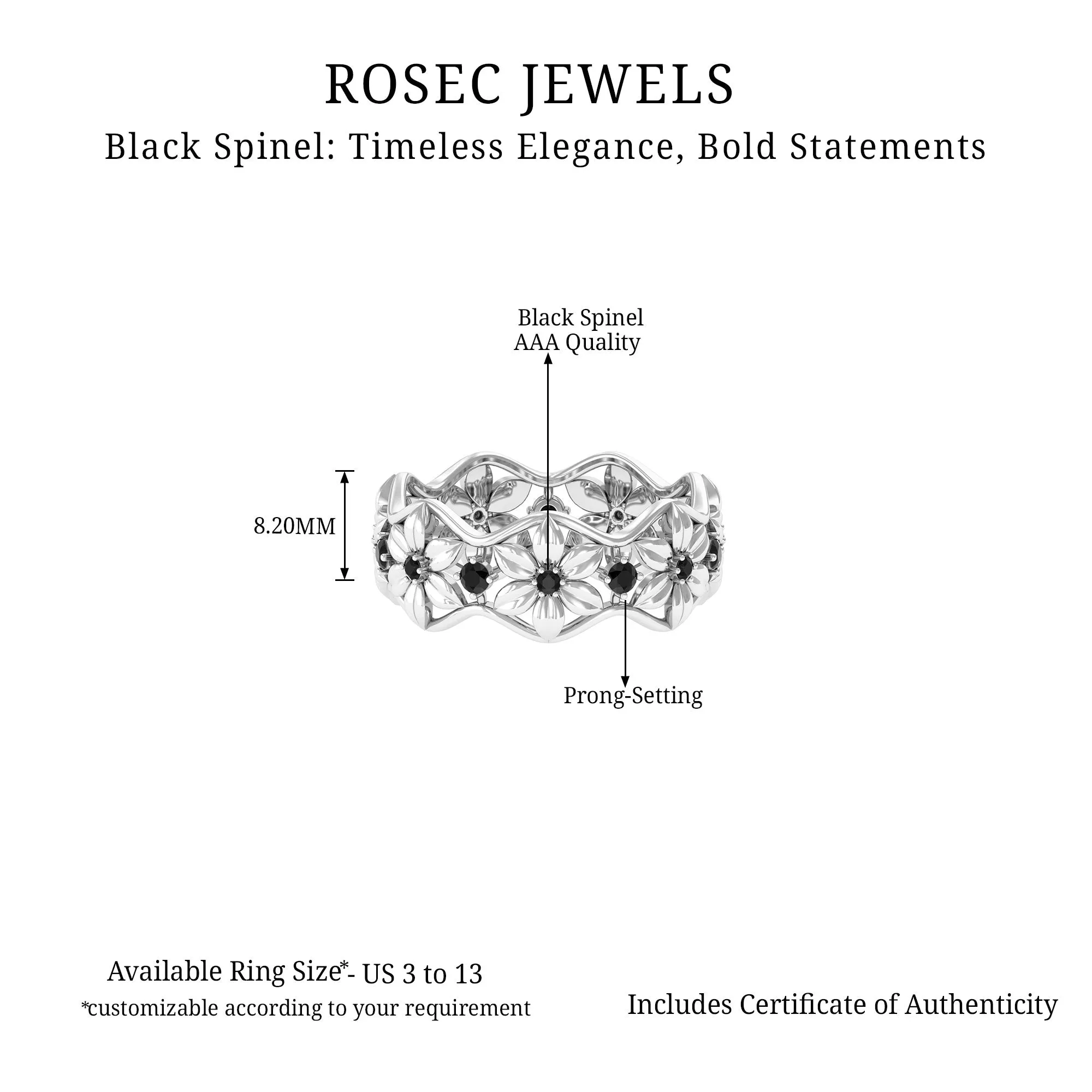 1/4 CT Real Black Spinel Flower Wedding Band Ring