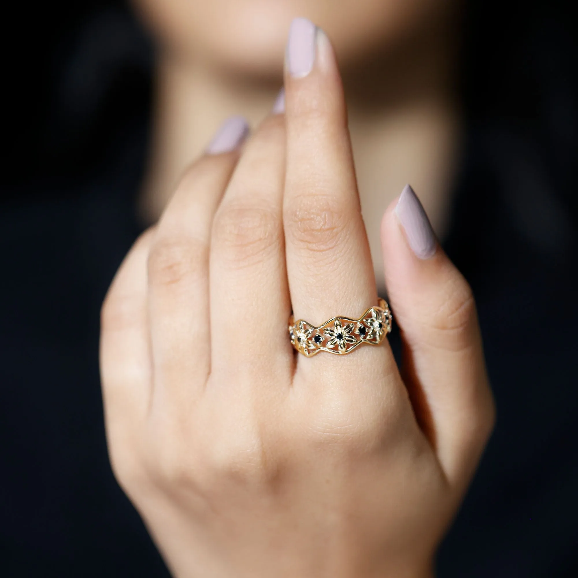 1/4 CT Real Black Spinel Flower Wedding Band Ring