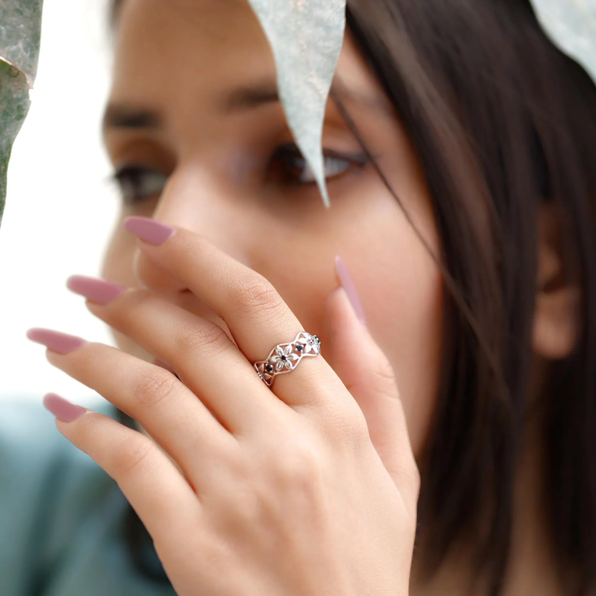 1/4 CT Real Black Spinel Flower Wedding Band Ring