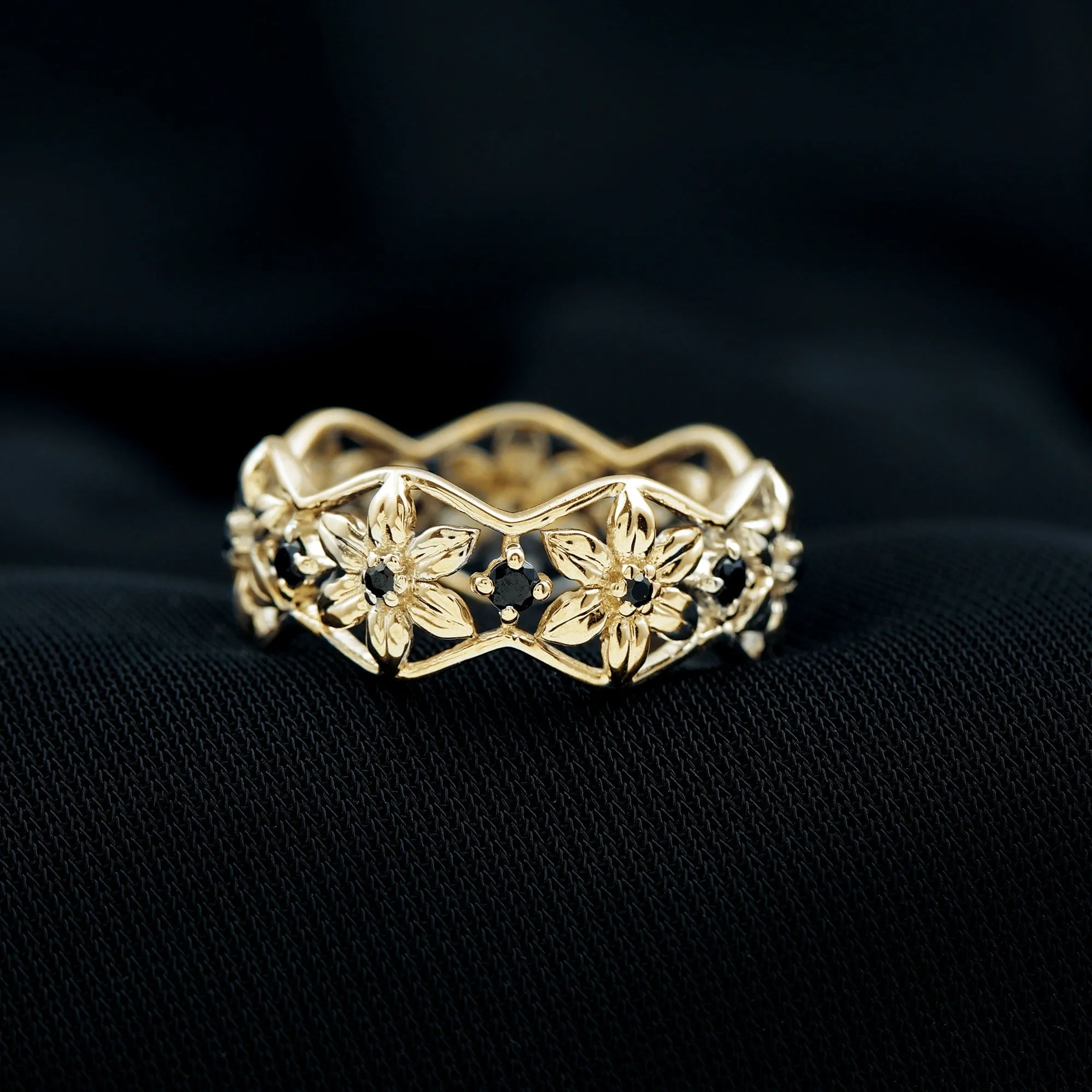 1/4 CT Real Black Spinel Flower Wedding Band Ring