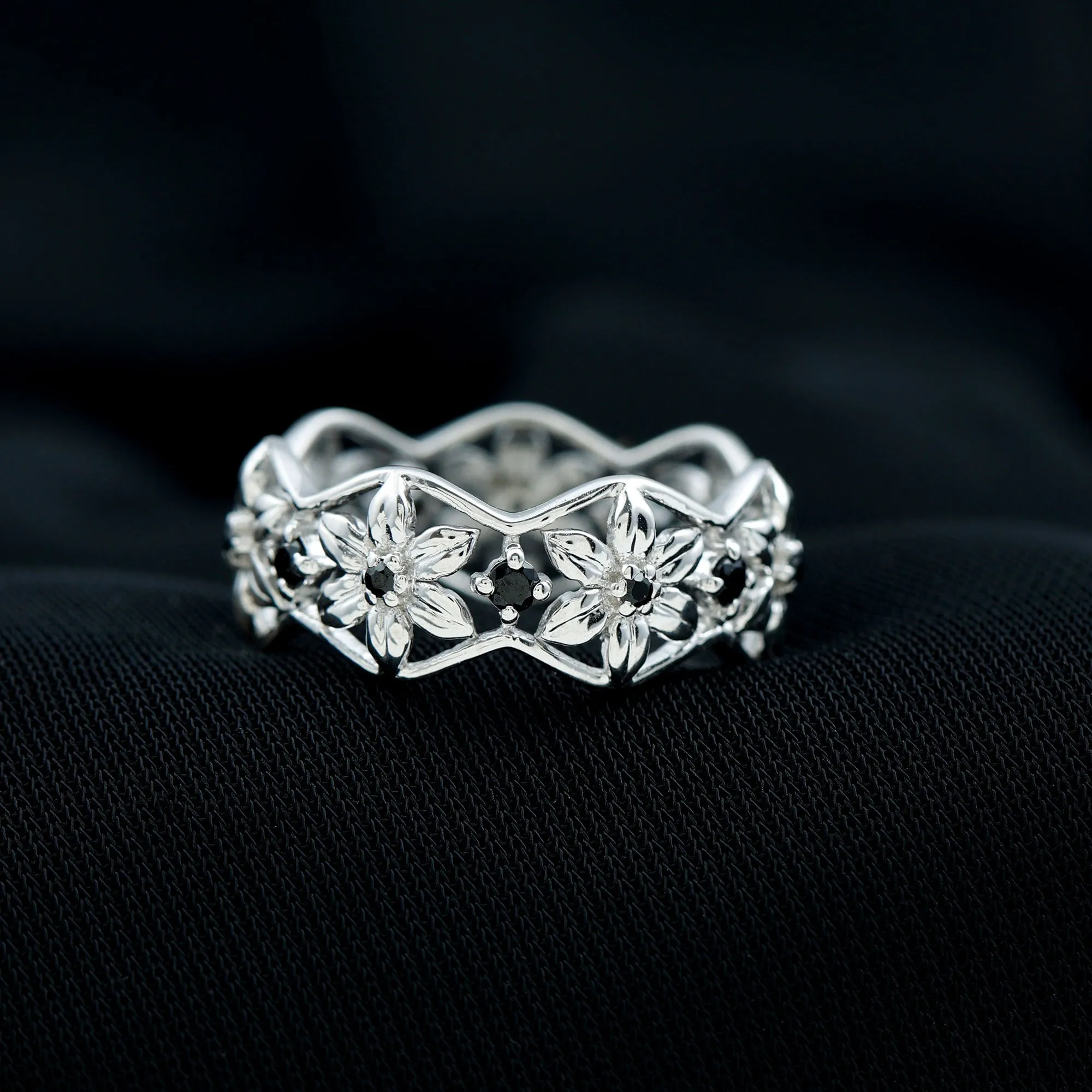 1/4 CT Real Black Spinel Flower Wedding Band Ring