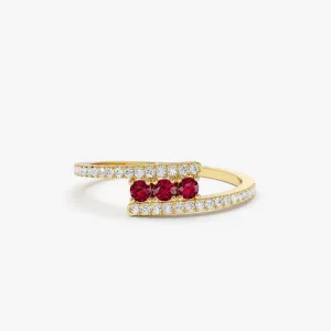 14k Cross Over Diamond Ring with Round Rubies