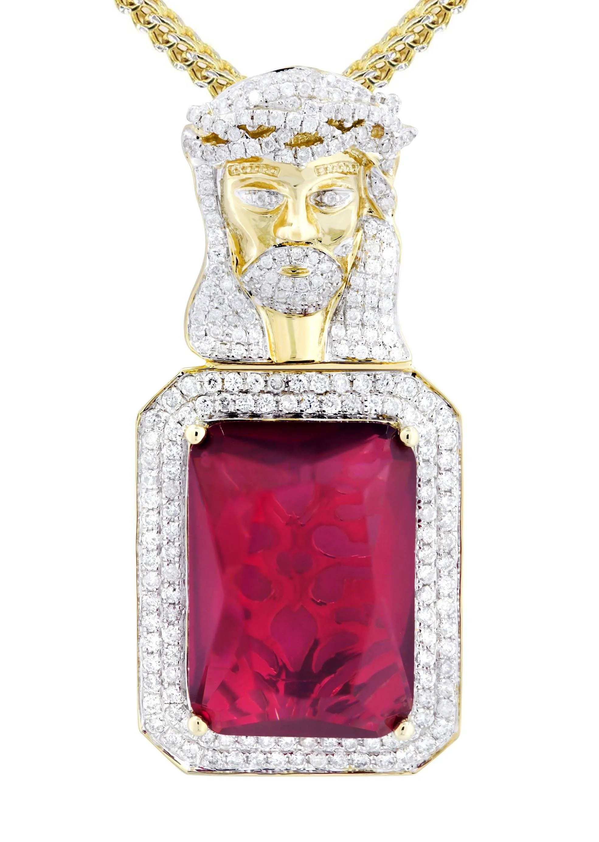 14K Yellow Gold Ruby Jesus Diamond Necklace  | 2.53 Carats