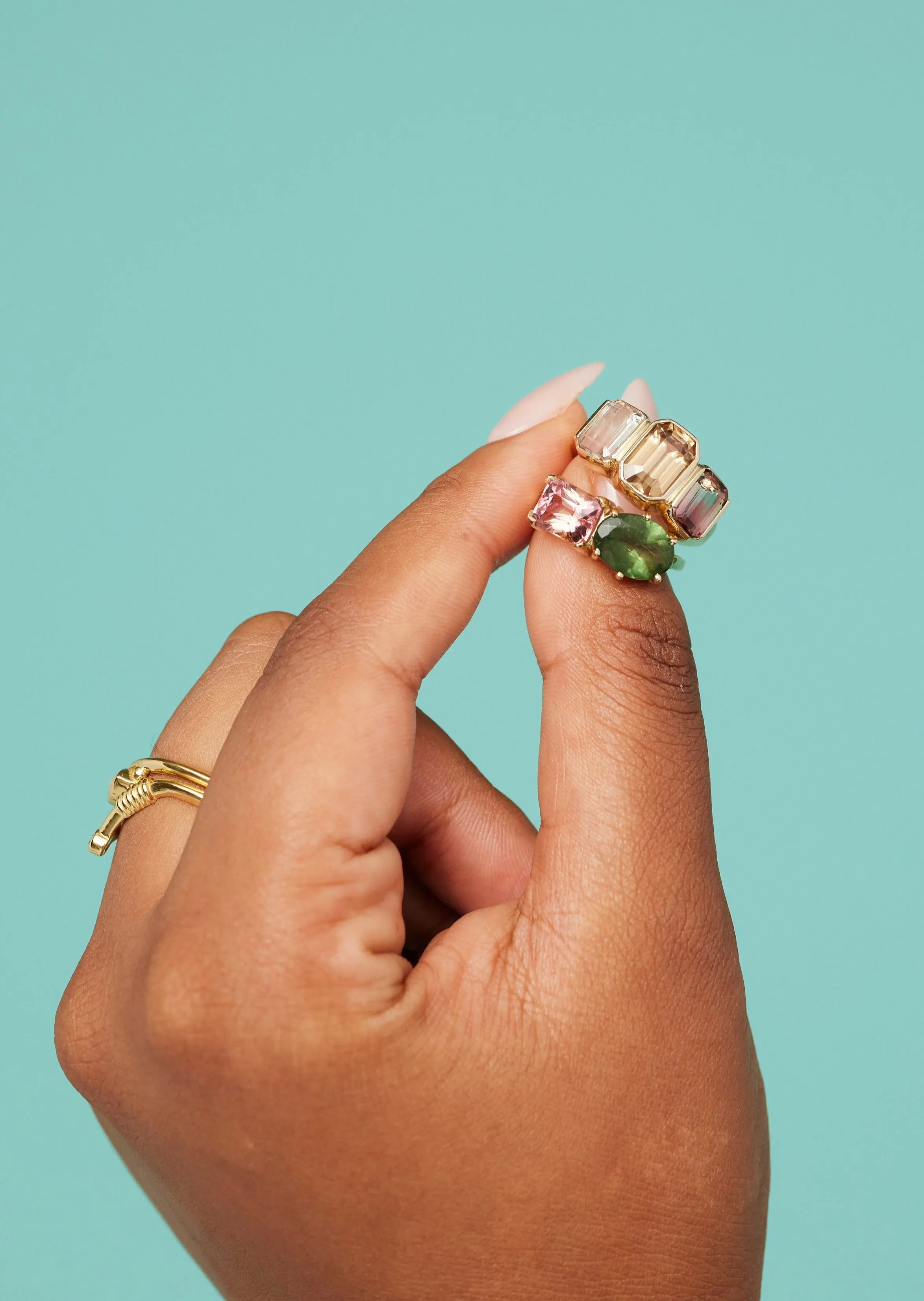 14k Yellow Watermelon Tourmaline Trilogy Band