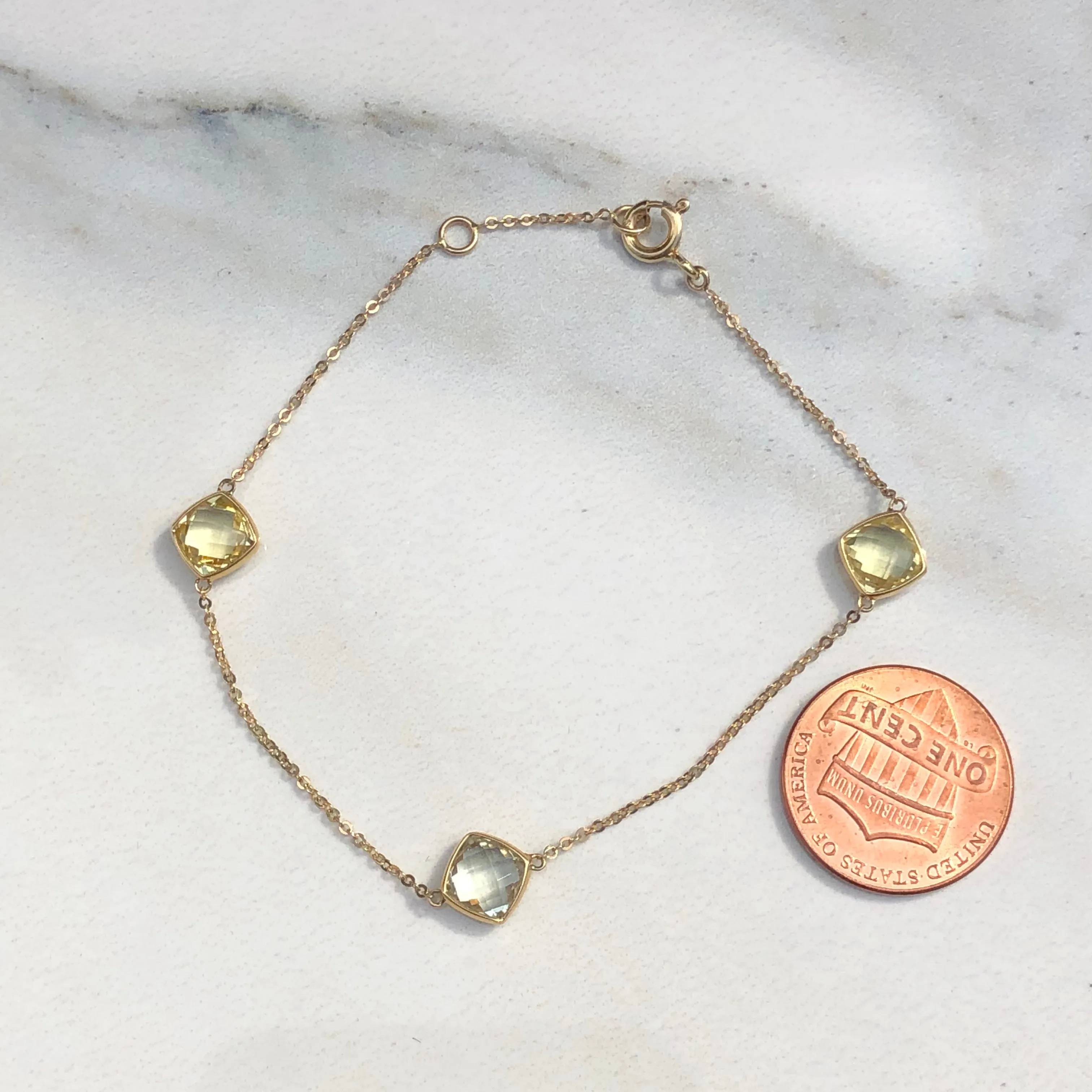 14KT Yellow Gold Lemon Quartz   Green Amethyst Bezel Set Chain Bracelet