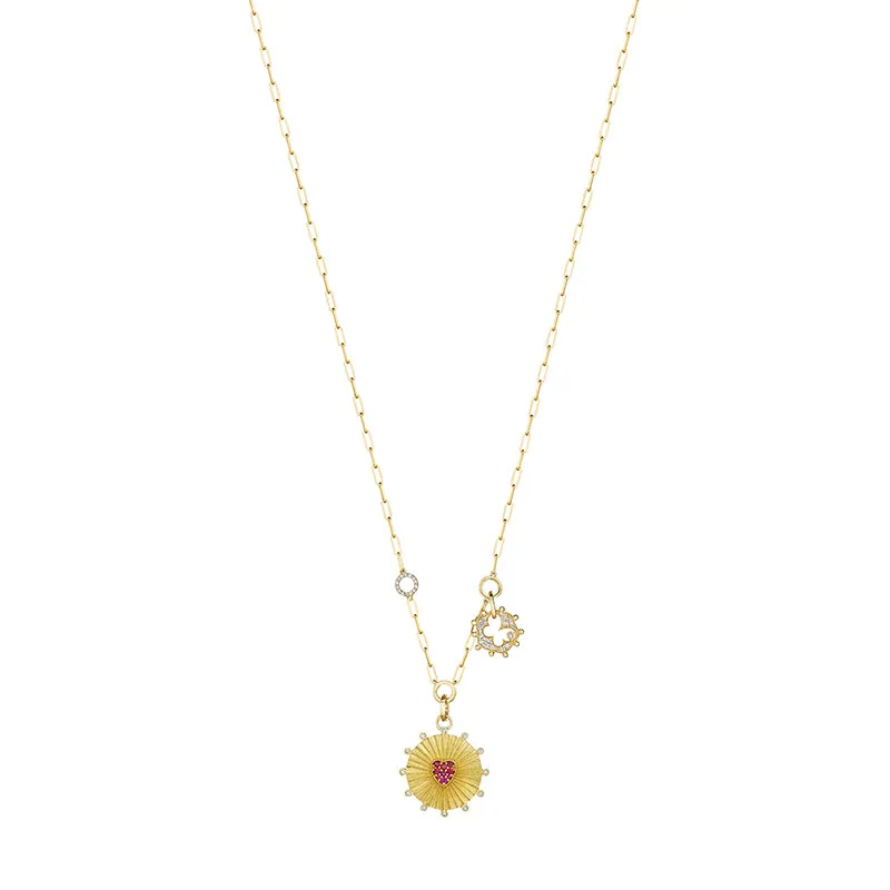 18k Penka Yellow Gold Necklace With 0.55 Cts Vs-Gh Diamonds  And Ruby