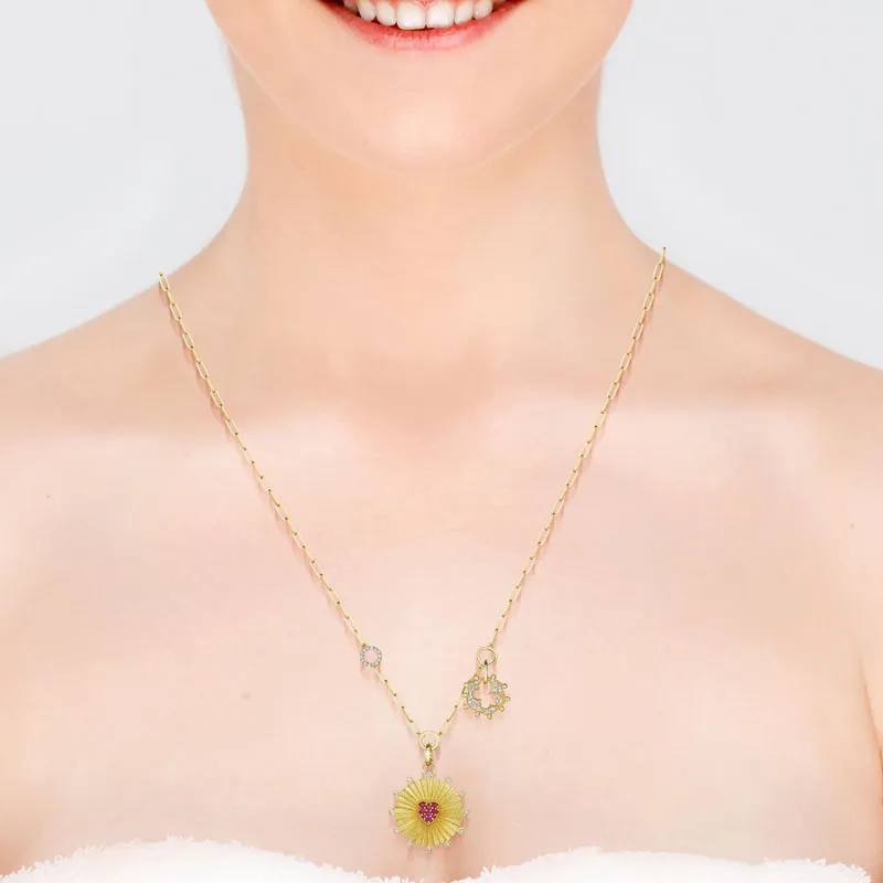 18k Penka Yellow Gold Necklace With 0.55 Cts Vs-Gh Diamonds  And Ruby