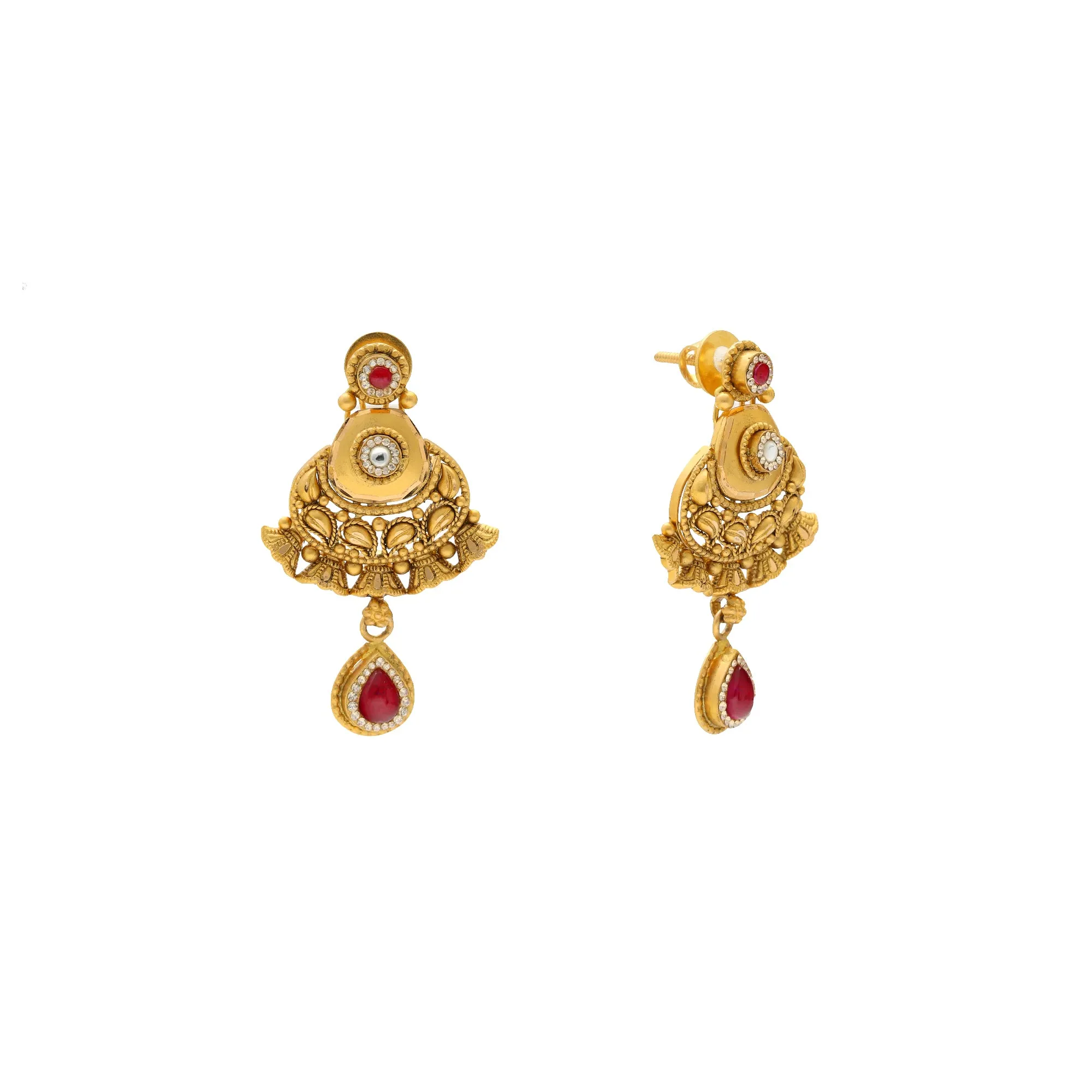 22K Yellow Gold Antique Necklace Set w/ Ruby & CZ (36.5gm)