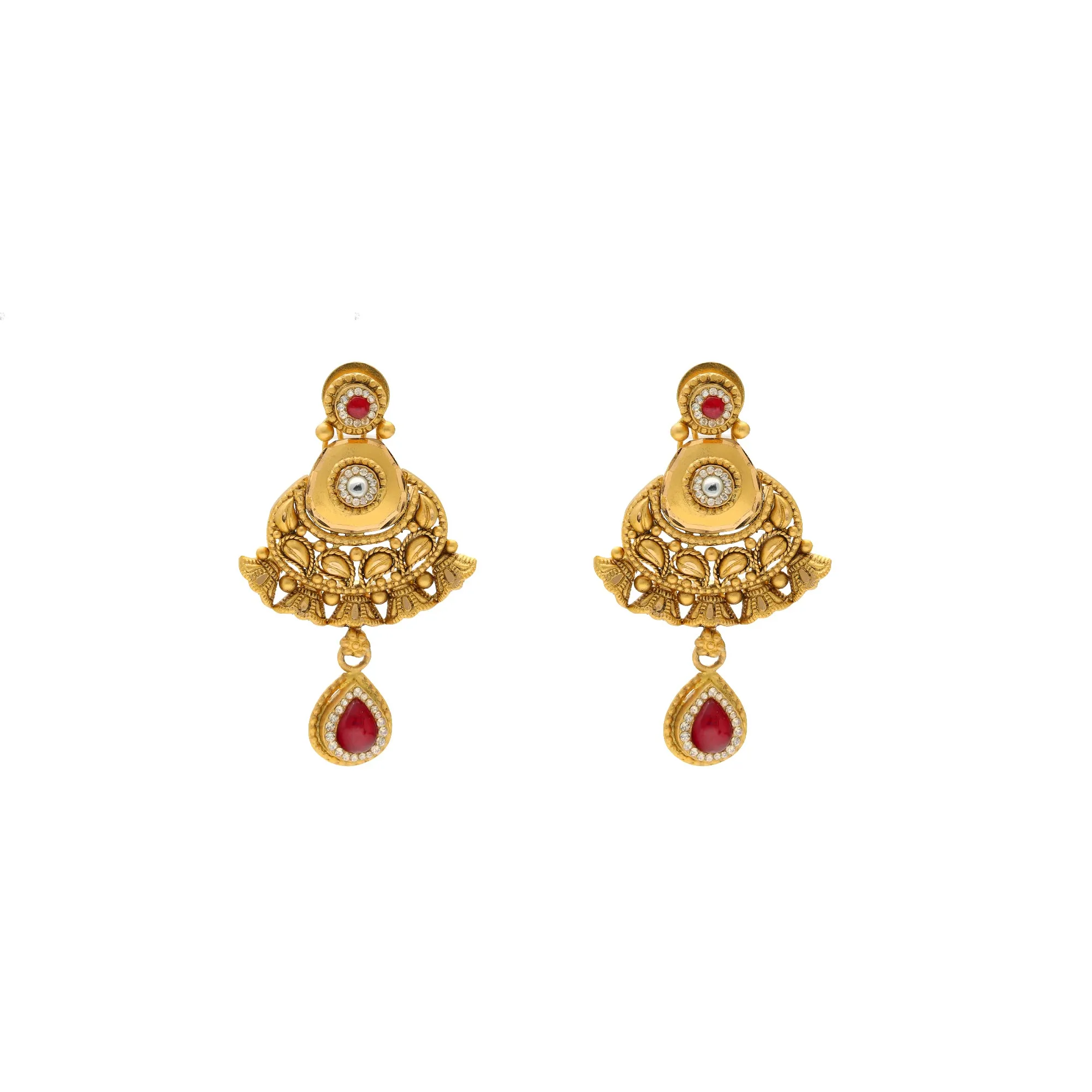 22K Yellow Gold Antique Necklace Set w/ Ruby & CZ (36.5gm)