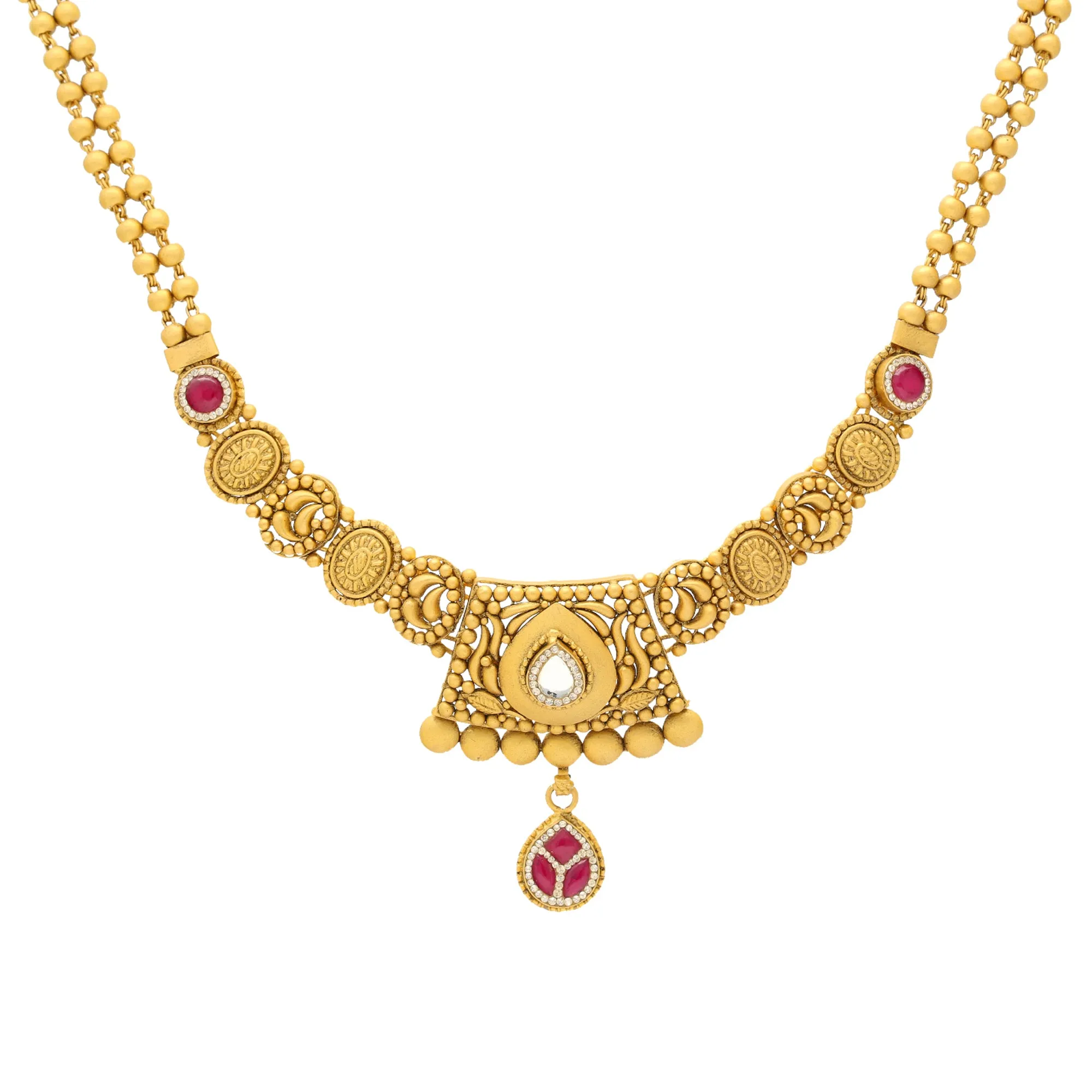 22K Yellow Gold Antique Necklace Set w/ Ruby & CZ (36.5gm)
