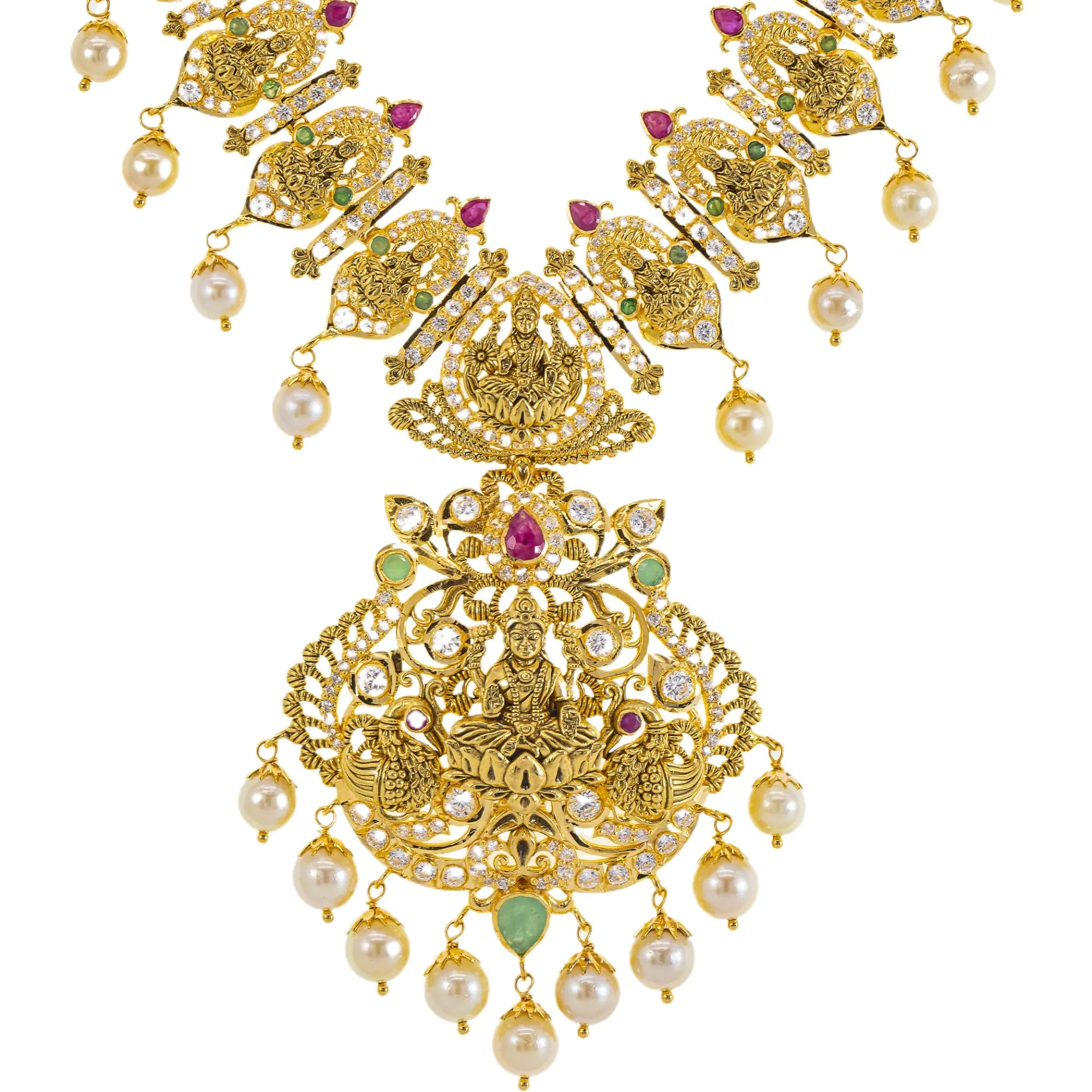 22K Yellow Gold Temple Necklace w/ Emerald, Ruby, CZ, and Pearl (82gm)