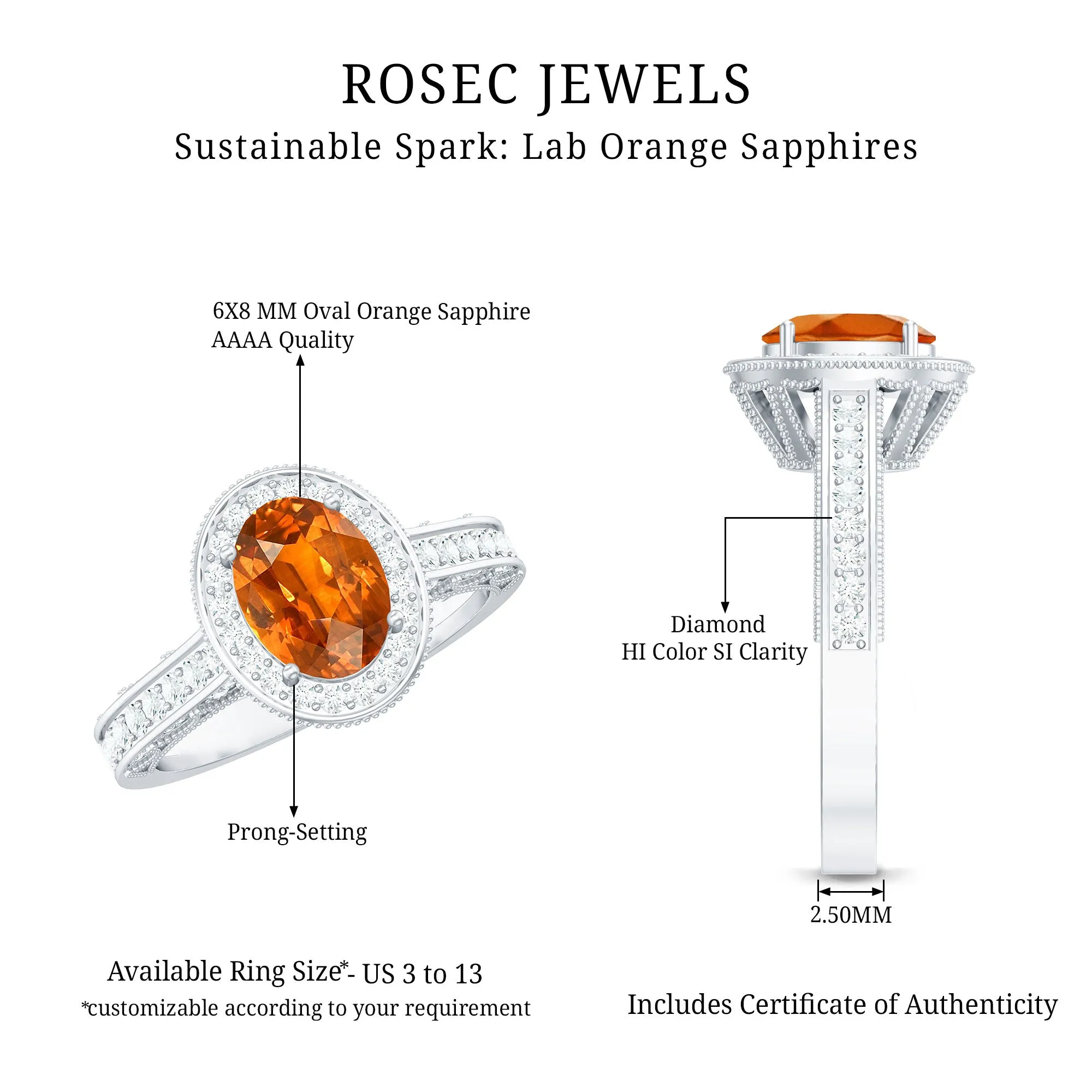 2.50 CT Created Orange Sapphire Solitaire Engagement Ring with Halo Diamond