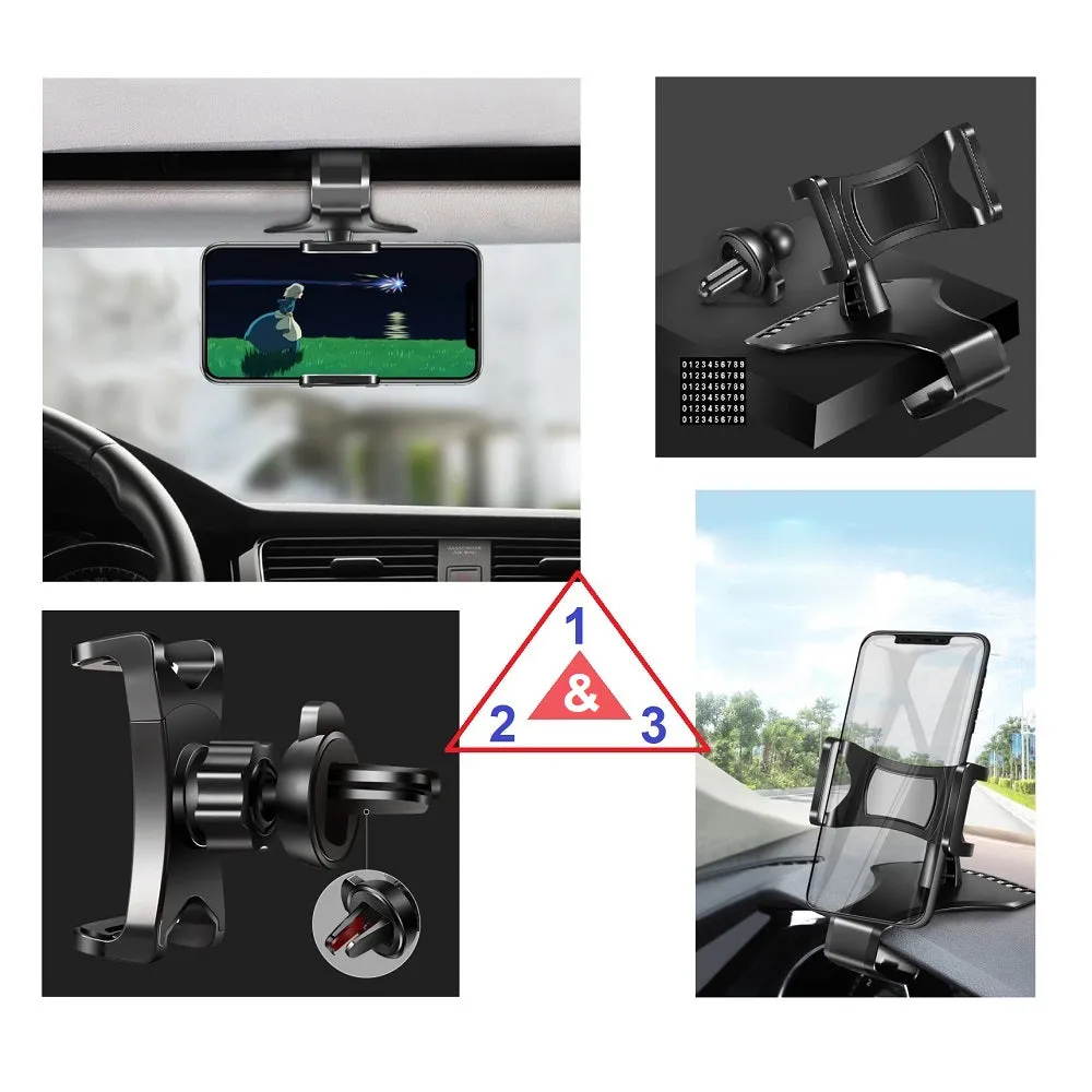3 in 1 Car GPS Smartphone Holder: Dashboard / Visor Clamp   AC Grid Clip for Gresso Regal R2 - Black
