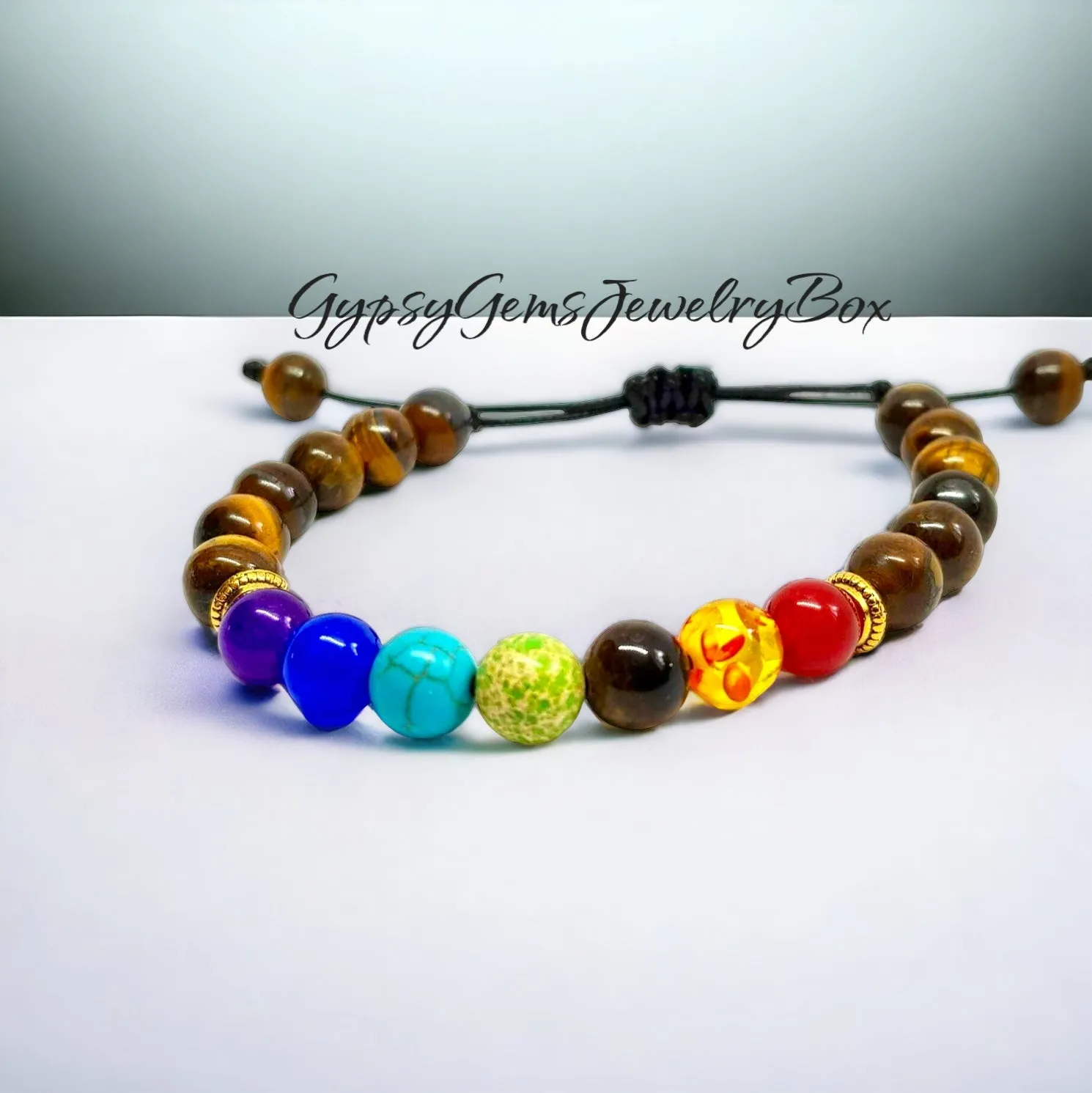 7 CHAKRA & Tiger’s Eye Yellow Golden Brown Braided Macrame Adjustable Sliding Knot Round Smooth (8mm) Natural Gemstone Crystal Energy Bead Bracelet