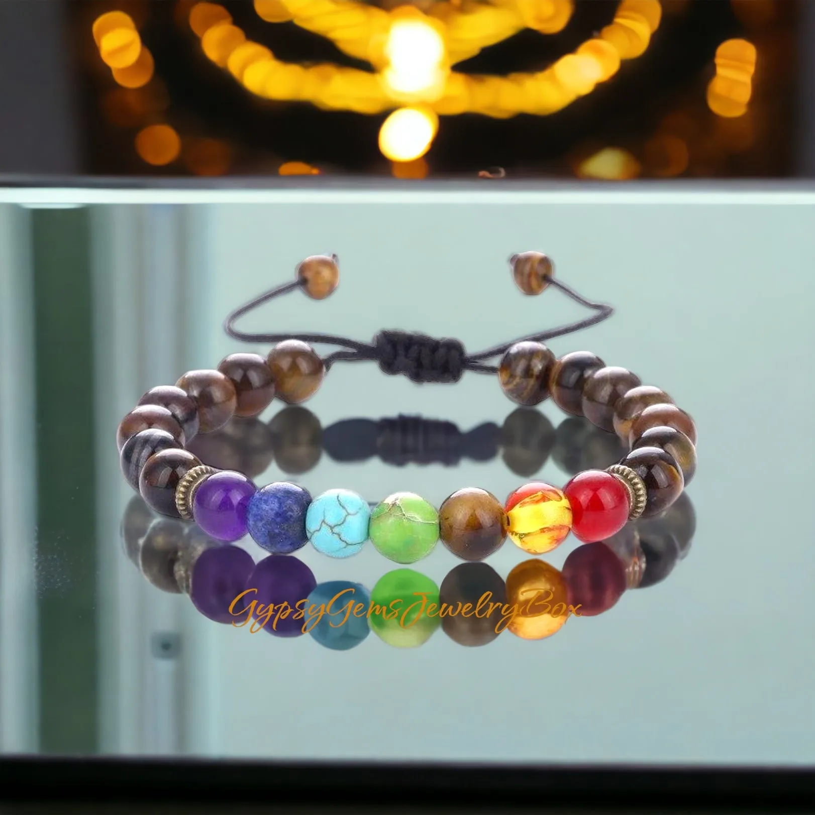 7 CHAKRA & Tiger’s Eye Yellow Golden Brown Braided Macrame Adjustable Sliding Knot Round Smooth (8mm) Natural Gemstone Crystal Energy Bead Bracelet