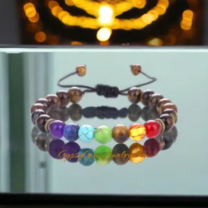 7 CHAKRA & Tiger’s Eye Yellow Golden Brown Braided Macrame Adjustable Sliding Knot Round Smooth (8mm) Natural Gemstone Crystal Energy Bead Bracelet