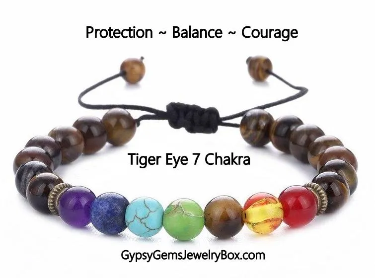 7 CHAKRA & Tiger’s Eye Yellow Golden Brown Braided Macrame Adjustable Sliding Knot Round Smooth (8mm) Natural Gemstone Crystal Energy Bead Bracelet