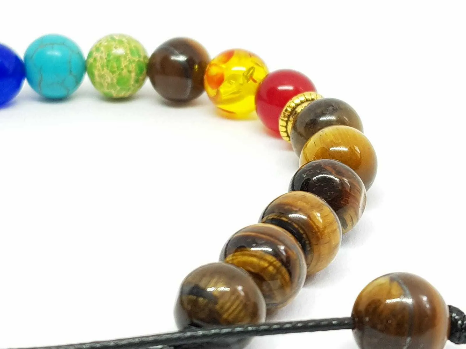 7 CHAKRA & Tiger’s Eye Yellow Golden Brown Braided Macrame Adjustable Sliding Knot Round Smooth (8mm) Natural Gemstone Crystal Energy Bead Bracelet