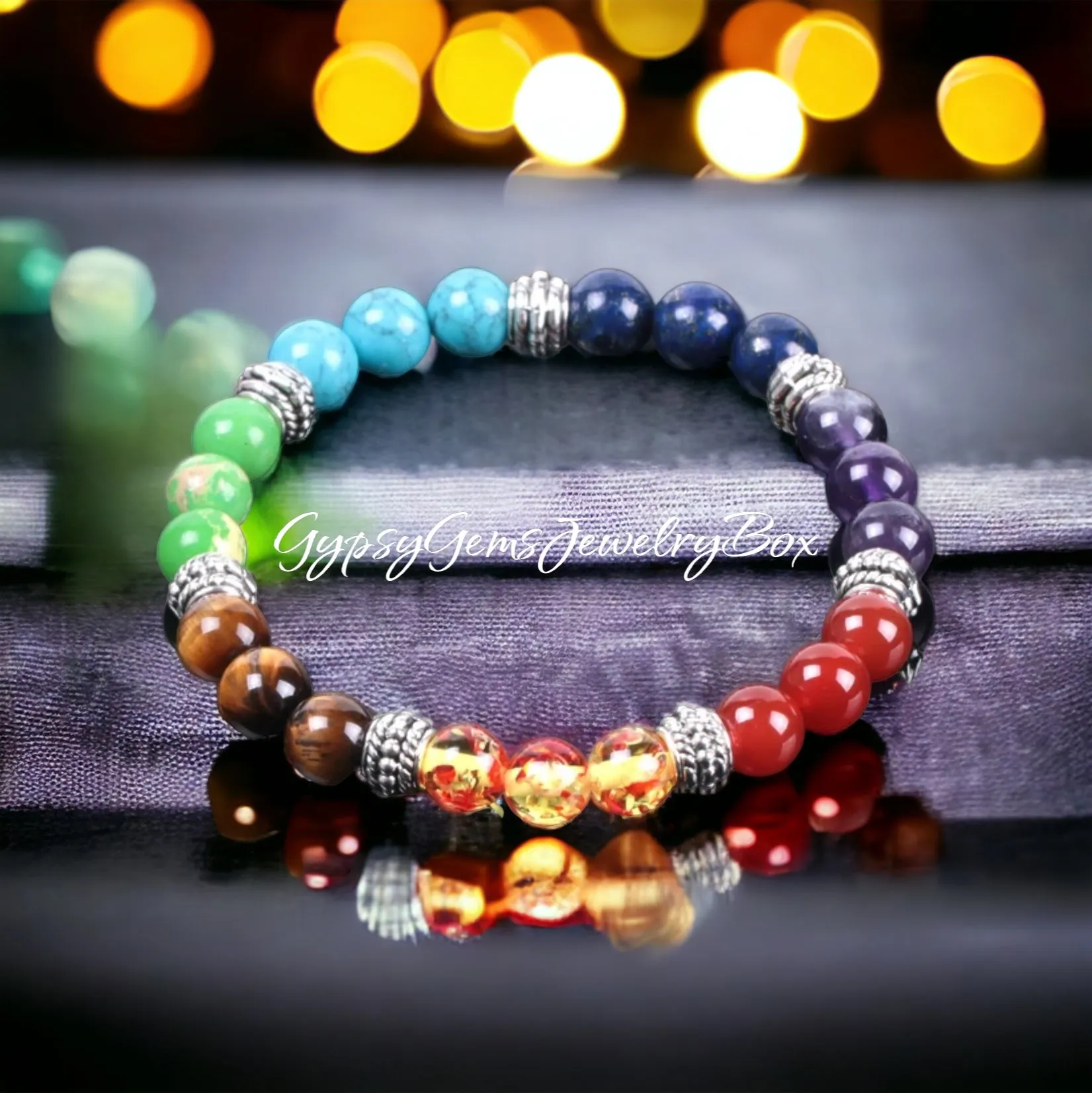 7 CHAKRA Custom Size Multicolor Rainbow Round Smooth Stretch Silver (8mm) Natural Gemstone Crystal Energy Bead Bracelet
