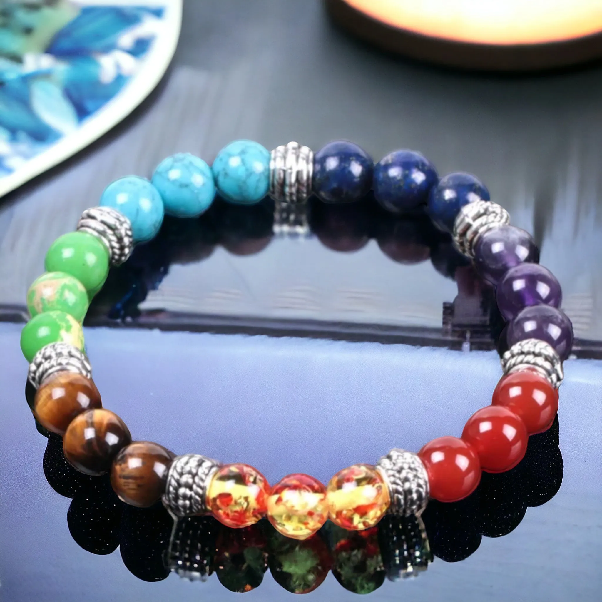 7 CHAKRA Custom Size Multicolor Rainbow Round Smooth Stretch Silver (8mm) Natural Gemstone Crystal Energy Bead Bracelet