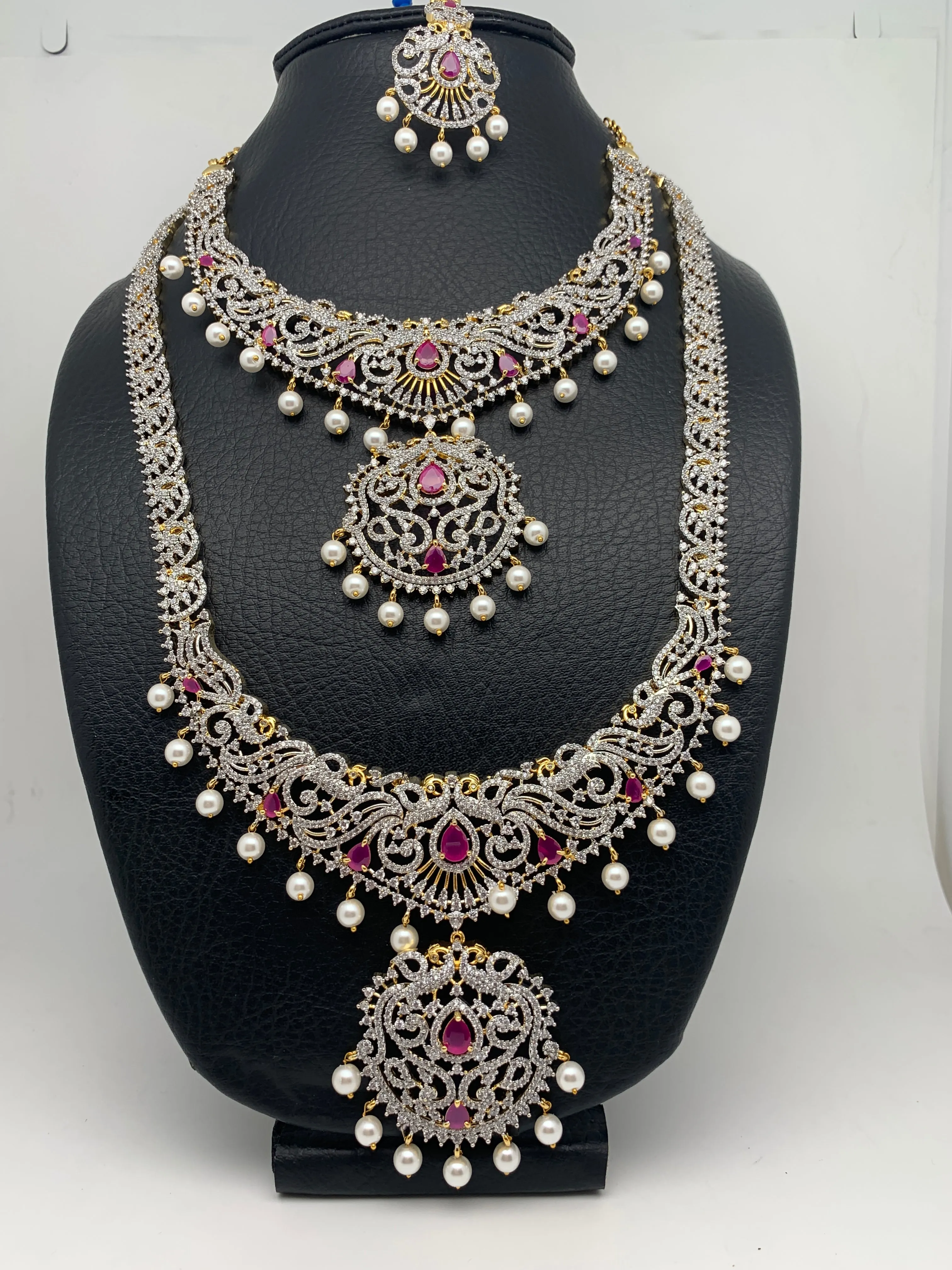 AD Diamond Finish Ganga Jamuna Polish Floral Red Stone Long Short Stiff Necklace Combo Set
