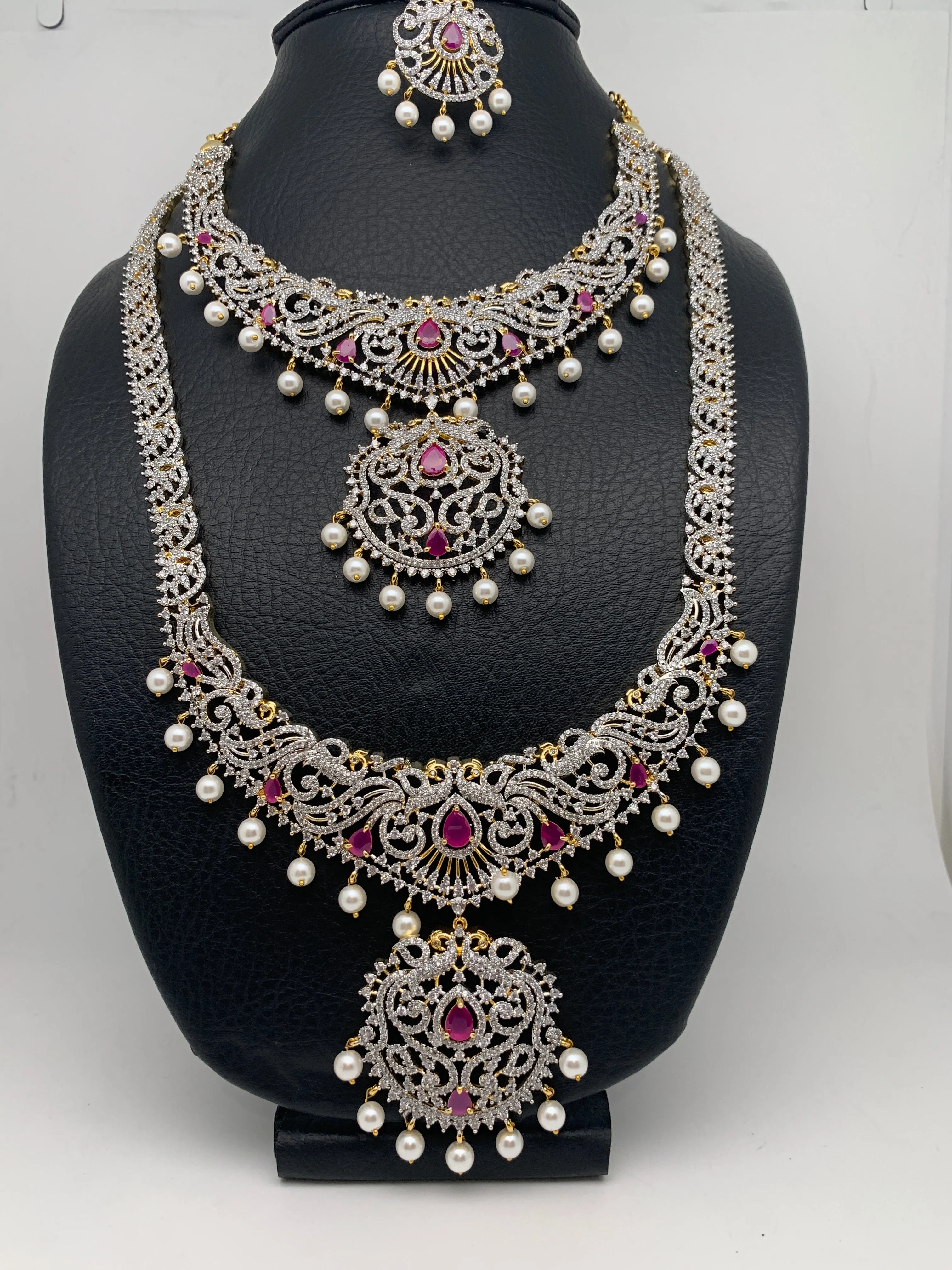 AD Diamond Finish Ganga Jamuna Polish Floral Red Stone Long Short Stiff Necklace Combo Set