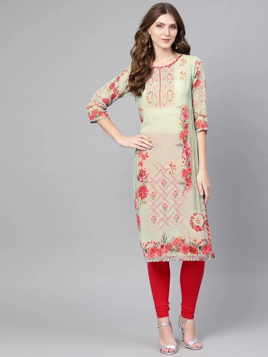 Ahalyaa Green & Coral Pink Floral Print Straight Kurta