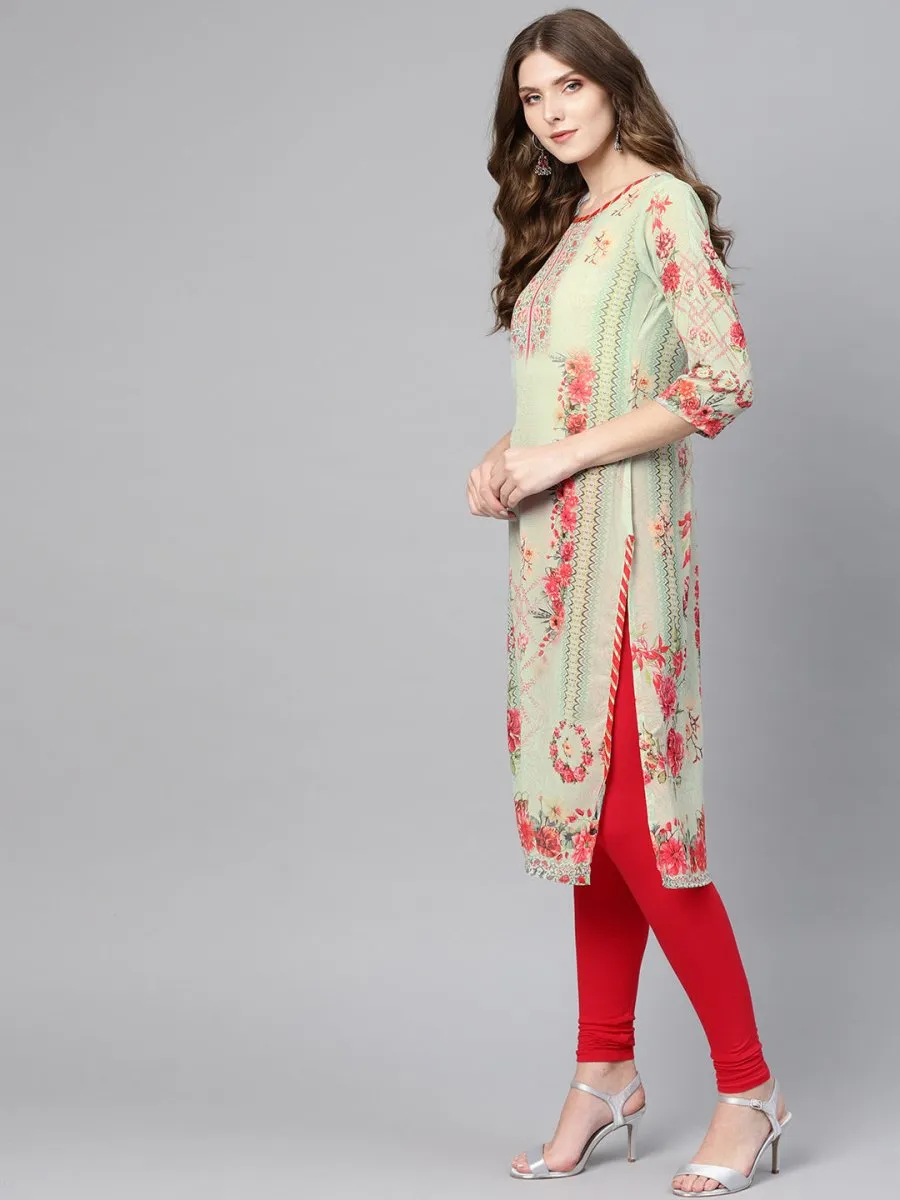 Ahalyaa Green & Coral Pink Floral Print Straight Kurta