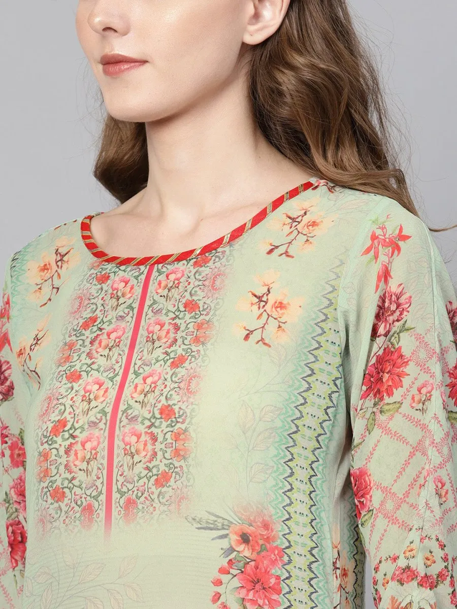 Ahalyaa Green & Coral Pink Floral Print Straight Kurta