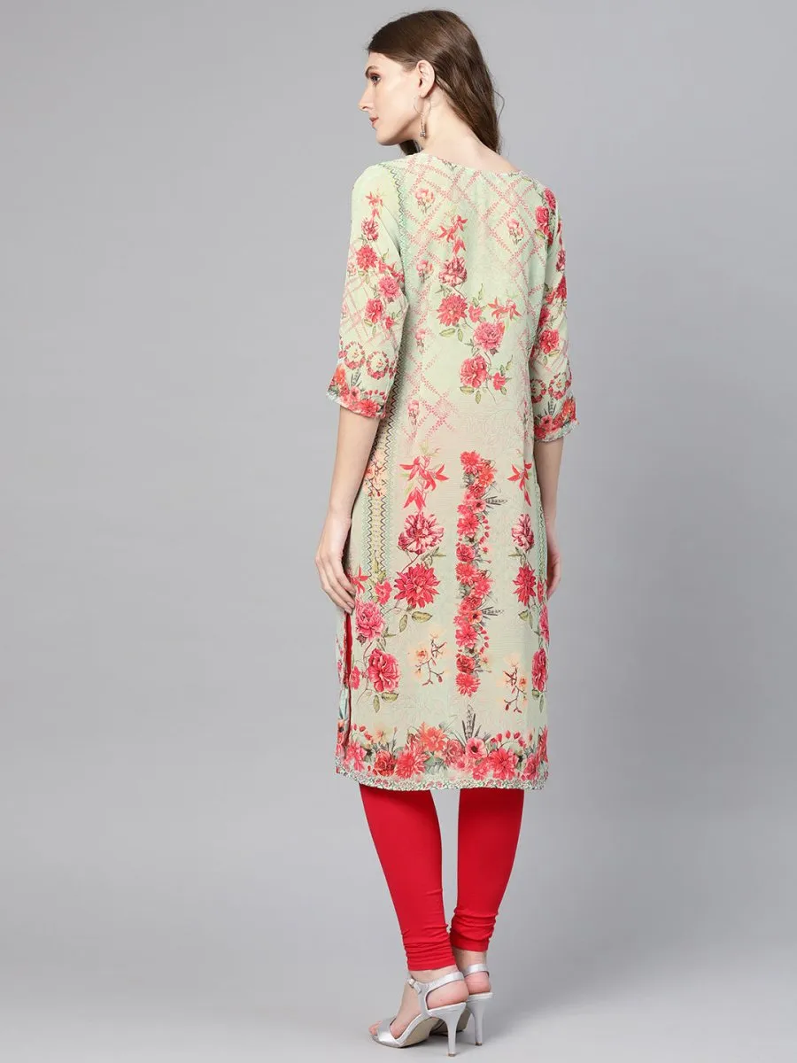 Ahalyaa Green & Coral Pink Floral Print Straight Kurta