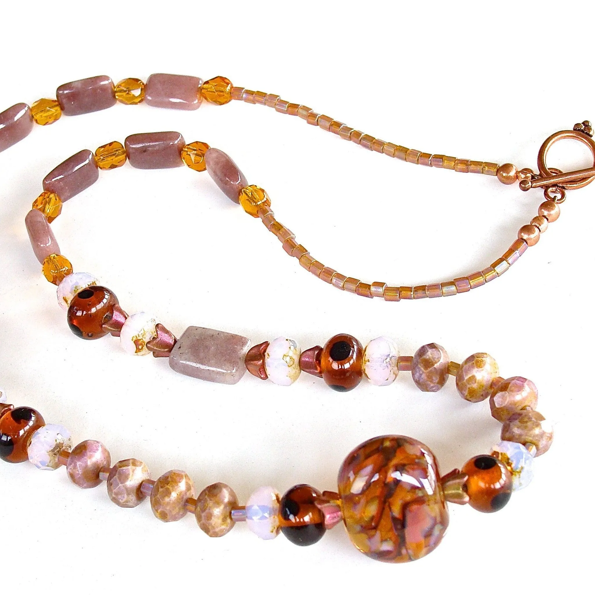 Amber Wave: 21" Charoite Stone Necklace in Amber and Mauve