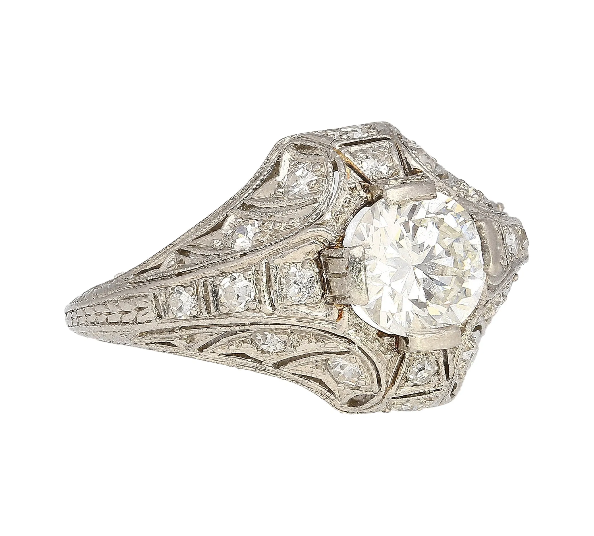 Antique Art Deco Era Platinum 1 Carat Old European Cut Diamond Ring