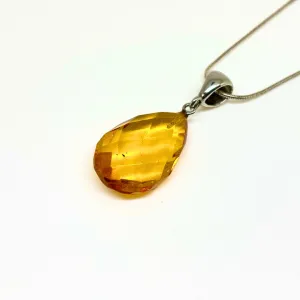Baltic Amber Yellow Color Faceted Pendant on a Sterling Silver Chain