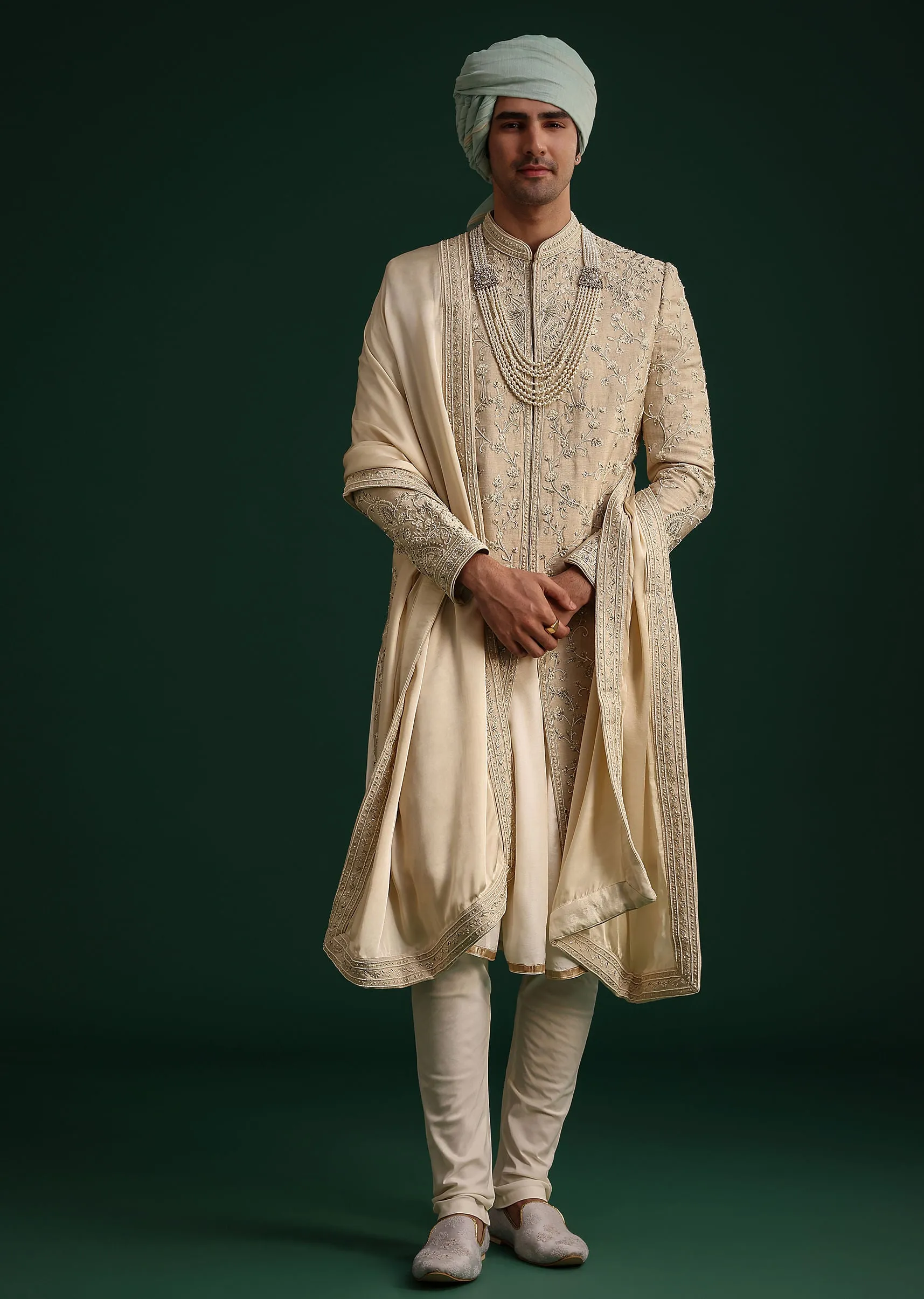 Beige Silk Sherwani Set With Zardozi Work