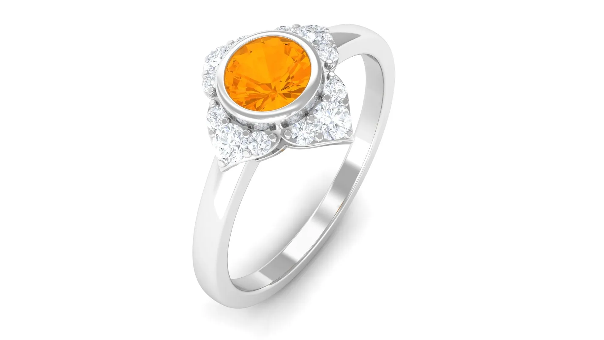 Bezel Set Orange Fire Opal Flower Engagement Ring with Diamond