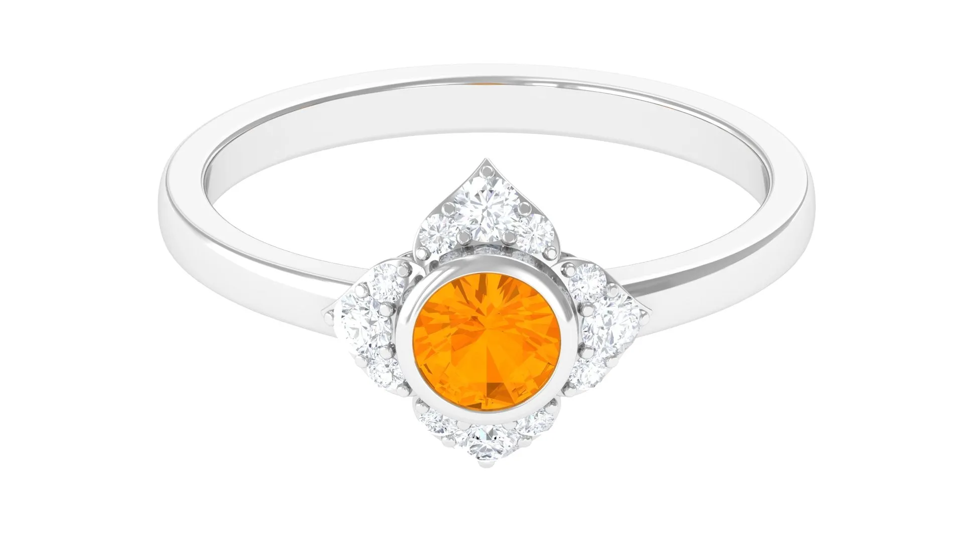 Bezel Set Orange Fire Opal Flower Engagement Ring with Diamond