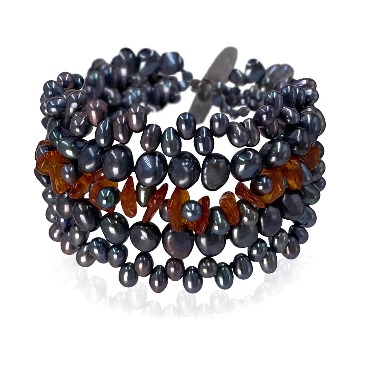 Black Freshwater Pearl & Raw Amber 'Honey Drop' 5 Strand Bracelet