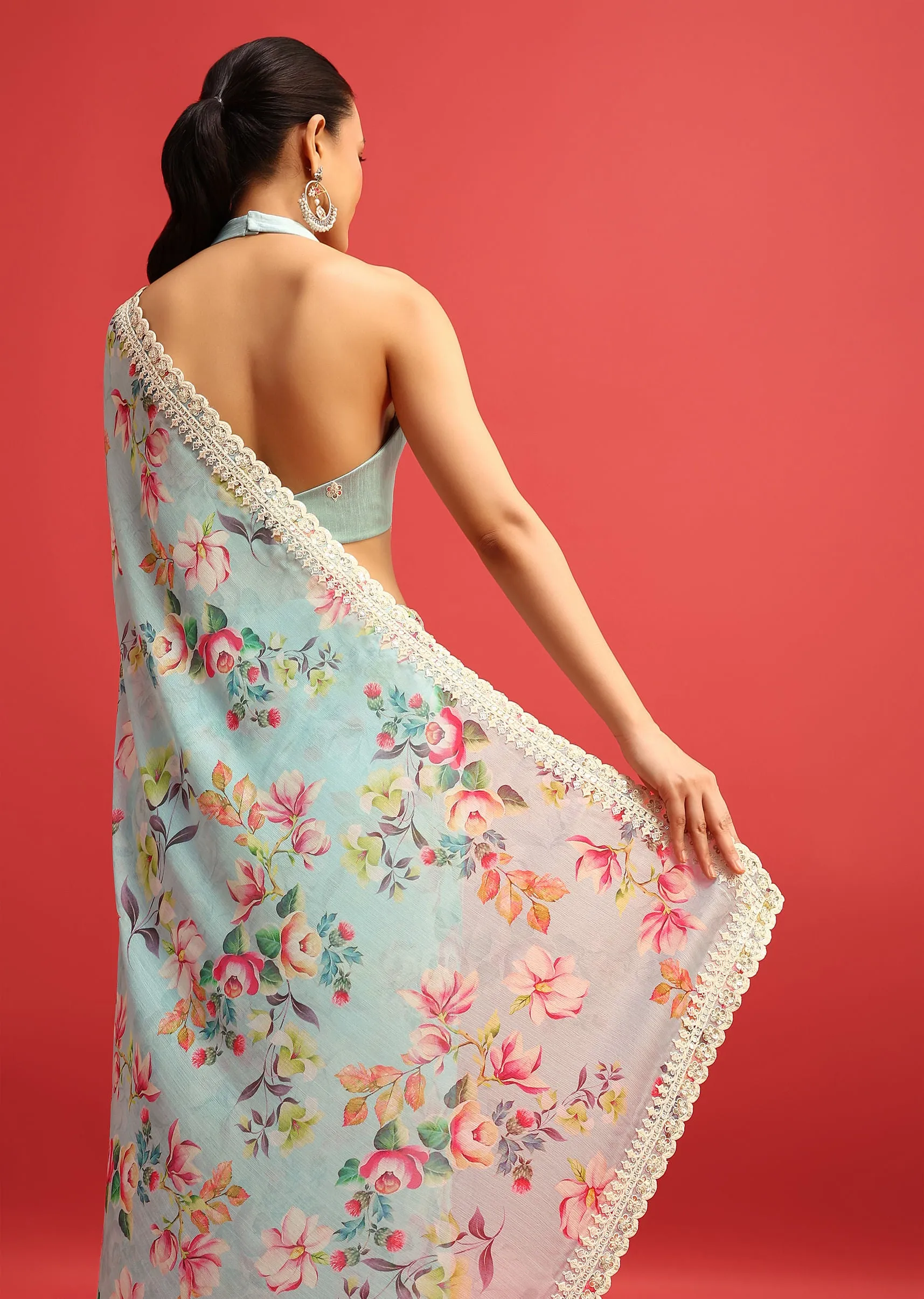 Blue Floral Embroidered Chiffon Saree With Embroidered Border And Unstitched Blouse