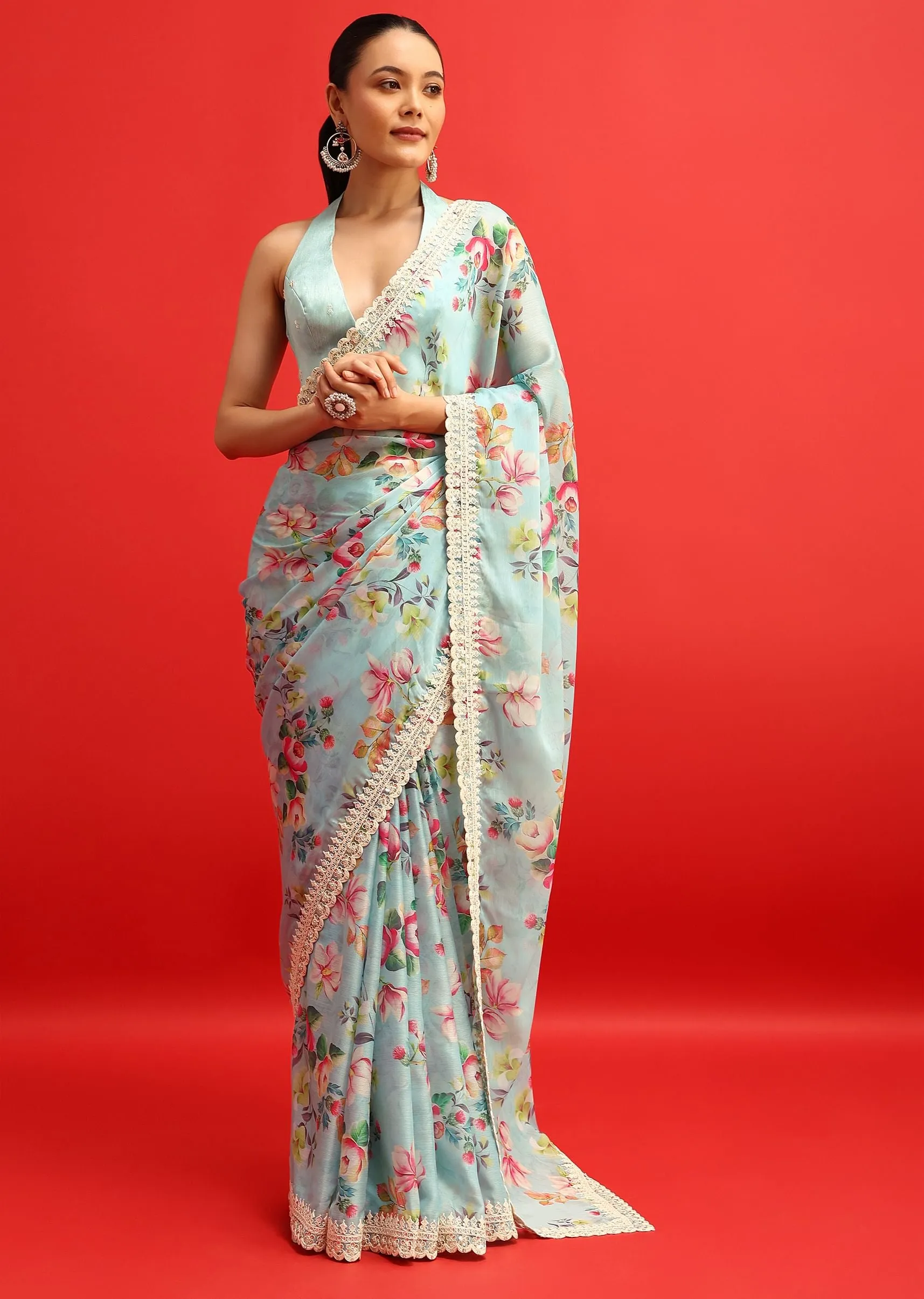 Blue Floral Embroidered Chiffon Saree With Embroidered Border And Unstitched Blouse