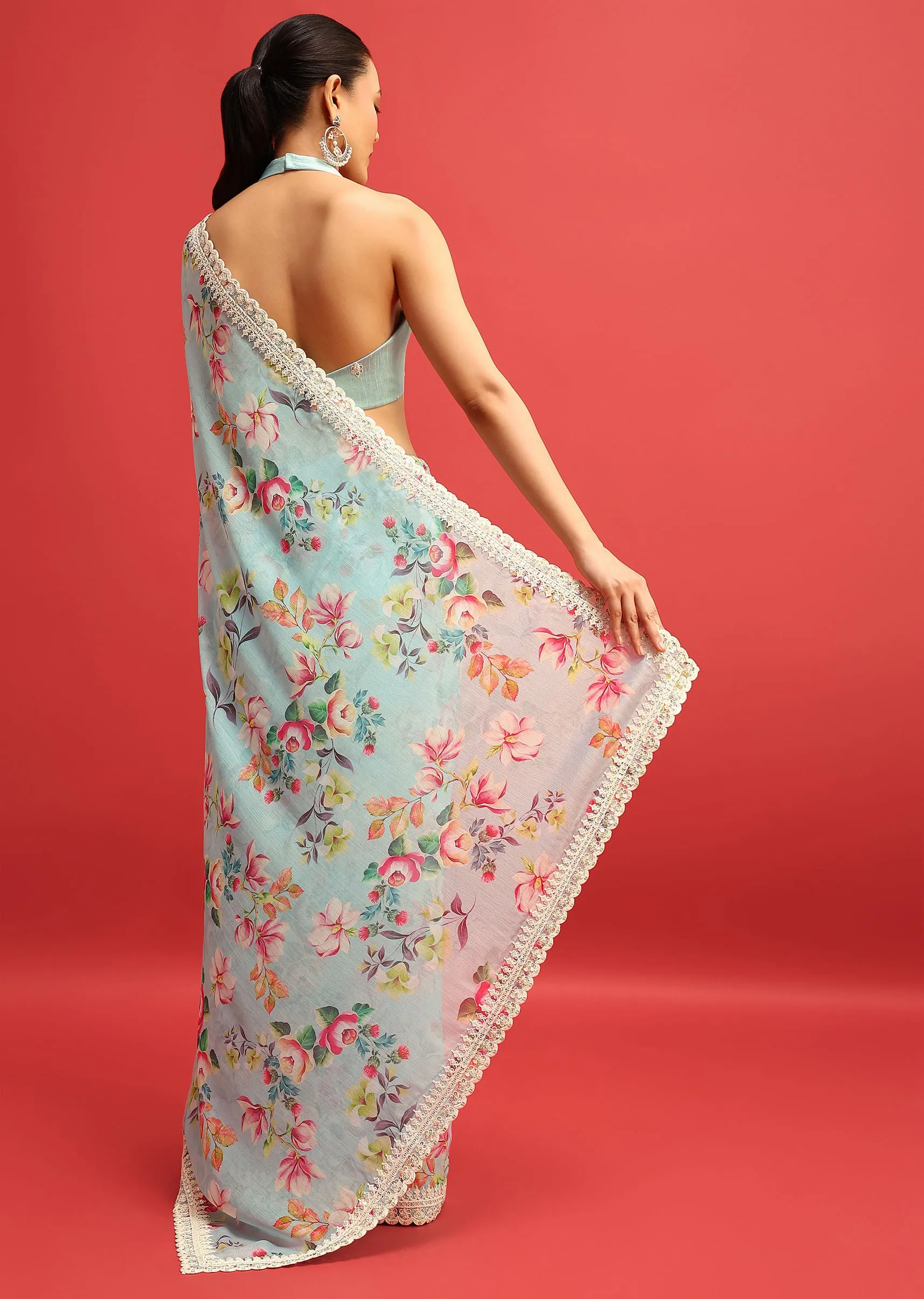 Blue Floral Embroidered Chiffon Saree With Embroidered Border And Unstitched Blouse