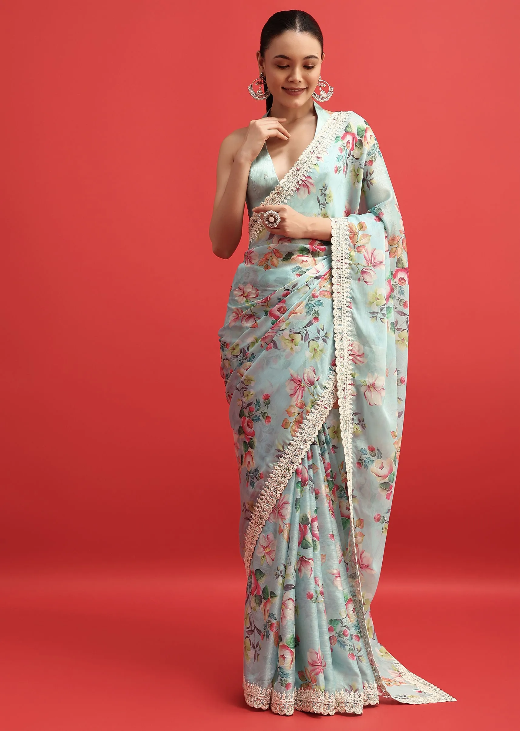 Blue Floral Embroidered Chiffon Saree With Embroidered Border And Unstitched Blouse