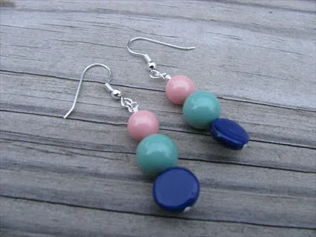 Blue, Seafoam, Coral Pink- Beaded Earrings