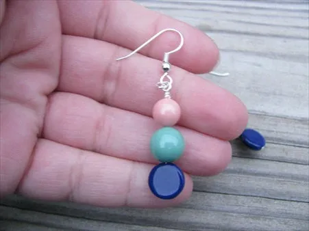 Blue, Seafoam, Coral Pink- Beaded Earrings