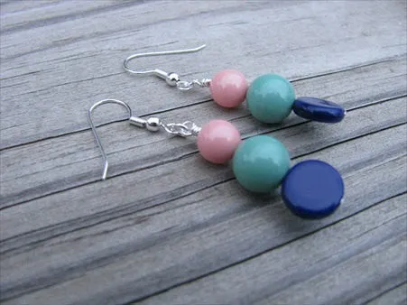 Blue, Seafoam, Coral Pink- Beaded Earrings