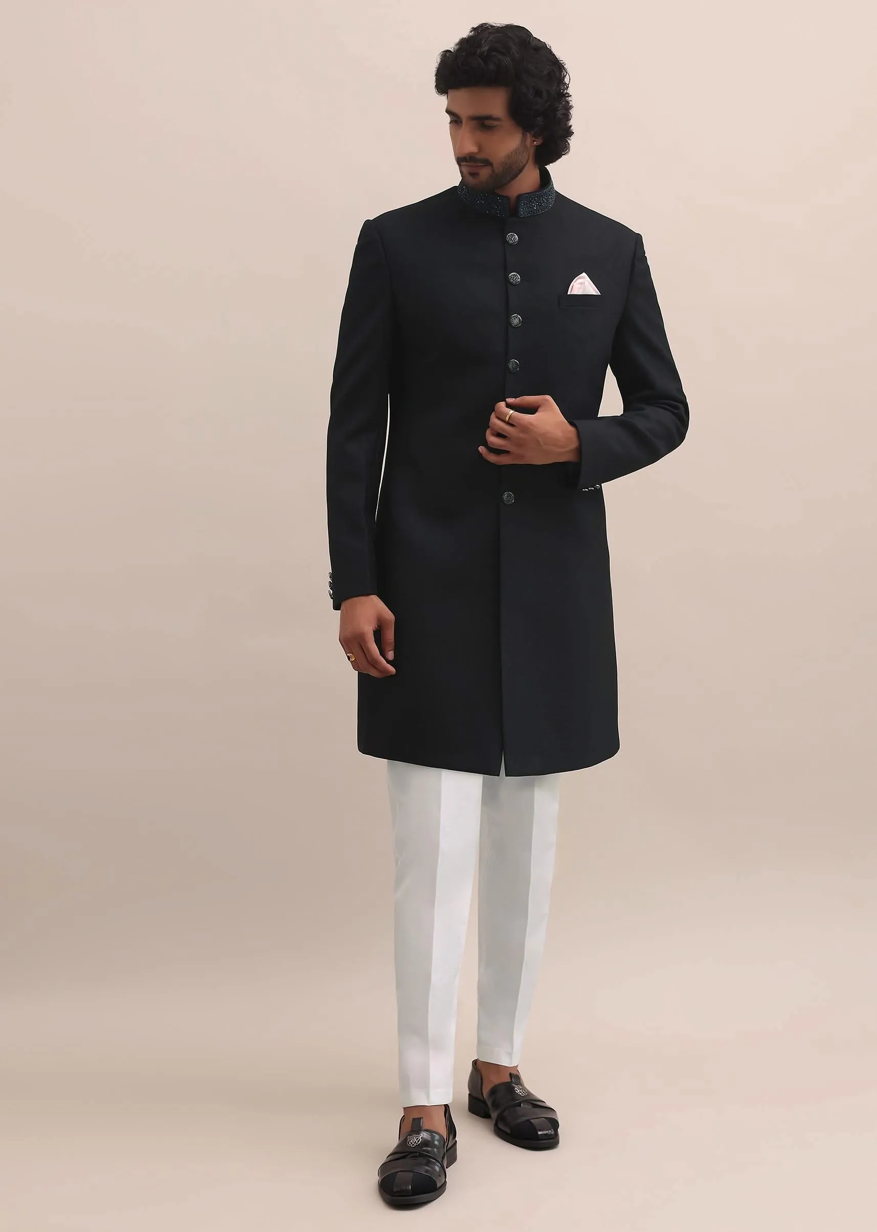 Blue Sherwani With Intricate Embroidered Collar For Men