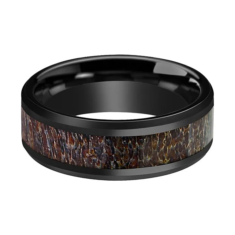 BONY | Black Ceramic Ring, Dark Brown Antler Inlay, Beveled