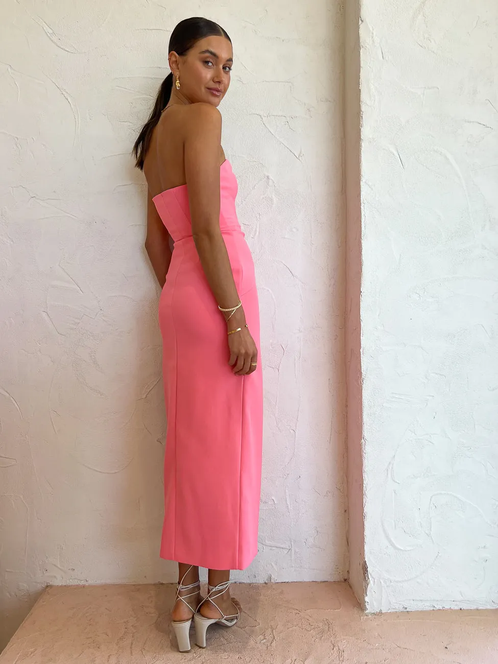 By Johnny Ginny Scoop Split Midi Dress in Melon Pink